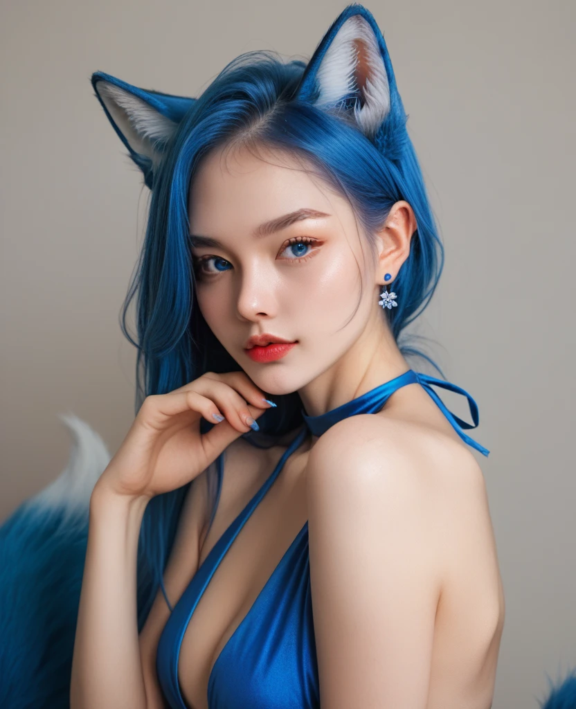 Have long blue hair,Half naked girl with cat ears