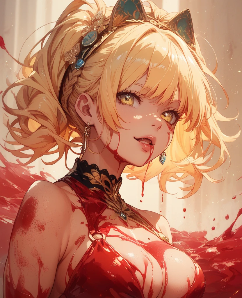 serena,solo girl,Kneeling,Blood flows from the mouth, painful face,Cleavage,Saggy breasts,Holding your stomach with your hands,Blood flowing from the hands