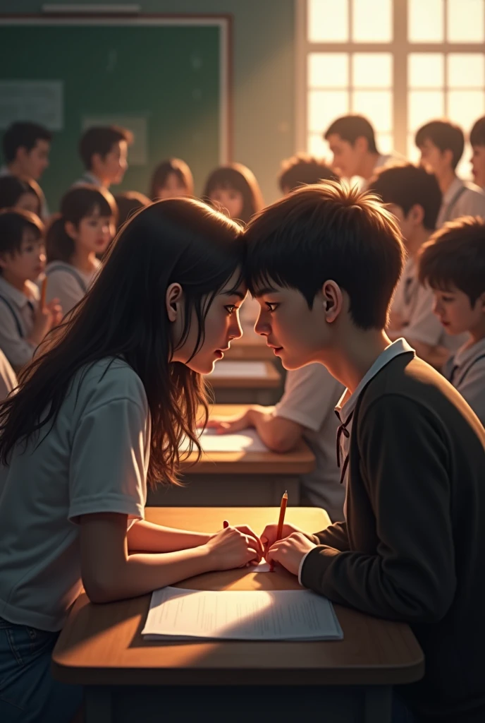 A girl and a boy standing position.both are talking secretly in the classroom boy age 16 .girl age 15