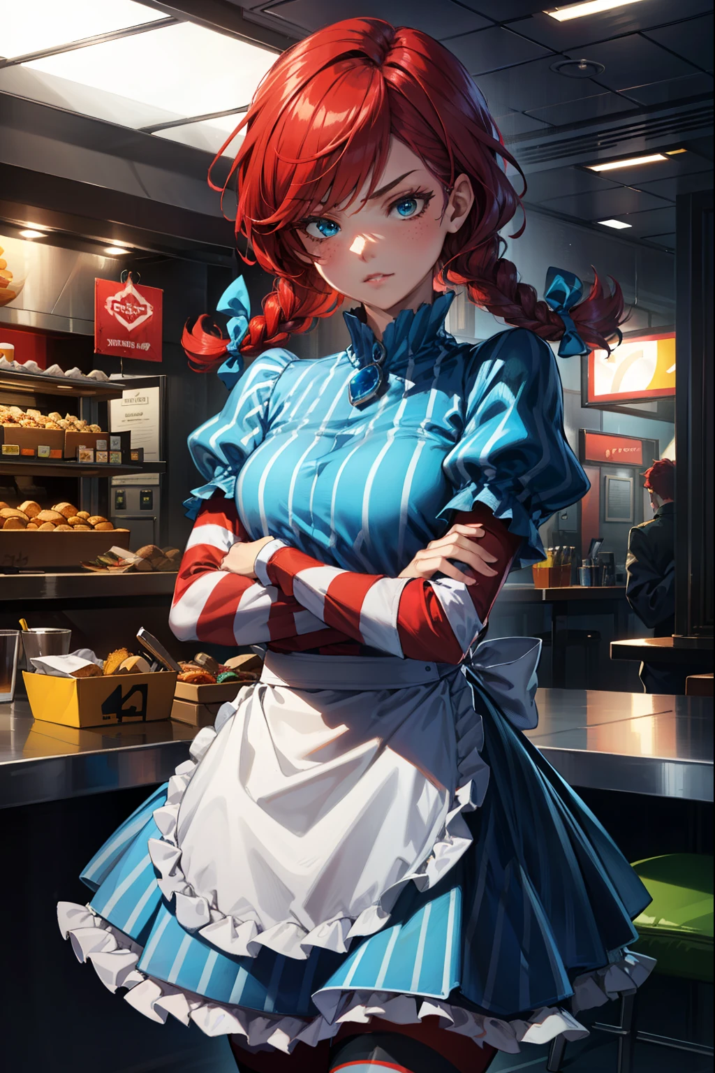 (extremely detailed CG unity 4k wallpaper),(best illustration),(best shadow),(absurdres), Fast food interior background)zzwendy, red hair, blue eyes, apron, brooch, hair bow, sidelocks, striped, petite figure, arm's crossed, eyebrow raised doubtfully, pout,