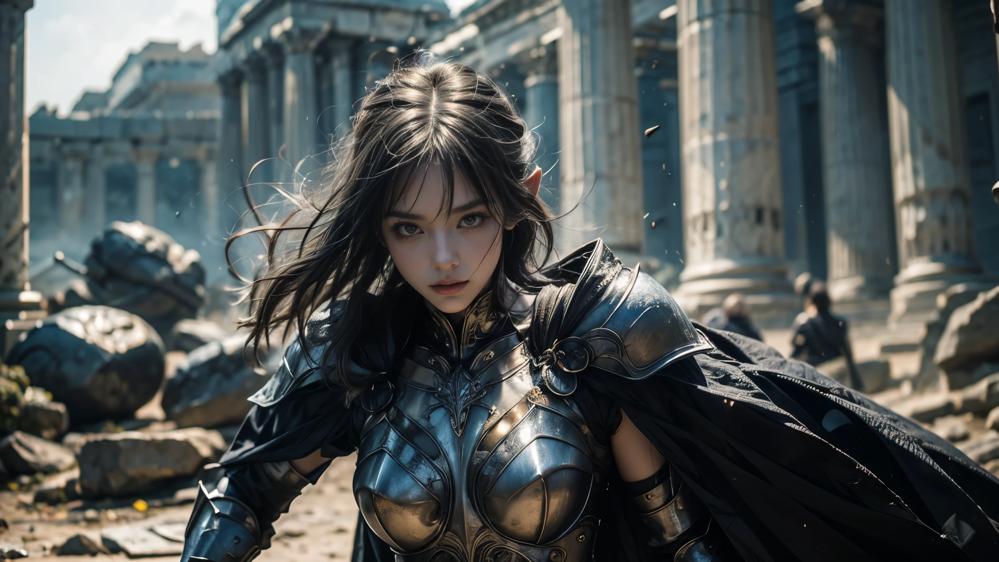  Beautiful Portrait of a Perfect Female Elf Warrior , 完美特征, (Extravagant armor),  Abstract Beauty ,  figure， mouth closed ，Almost perfect, Pure Form,  dynamic pose, Greek temple background, (Dark shadow), (Intense Cinematic Lighting ), intricate details, 8K Post-production, high resolution , super detailed, sharp focus, Depth of field/1.8, Studio Photos, ((( looks at the camera))). Upper Body Lens 