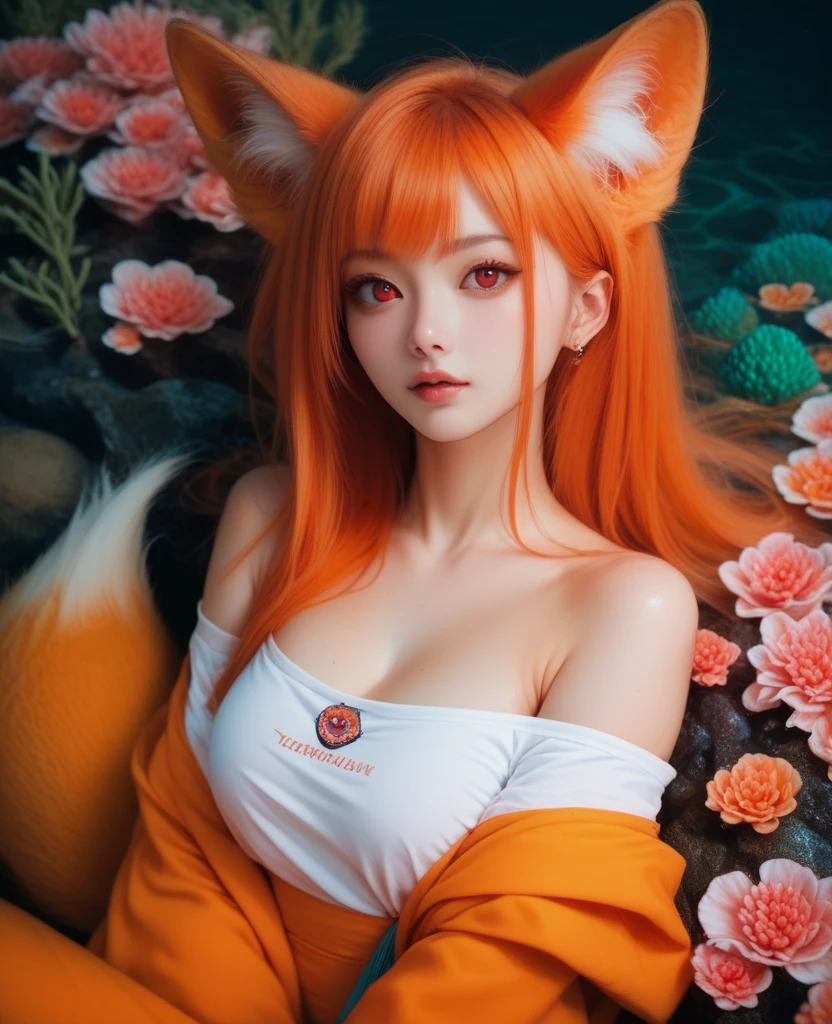 1girl with long red hair, amber eyes, fox ears, slender body, ,fox tail, red kimono, pregnant, outdoors, near lake