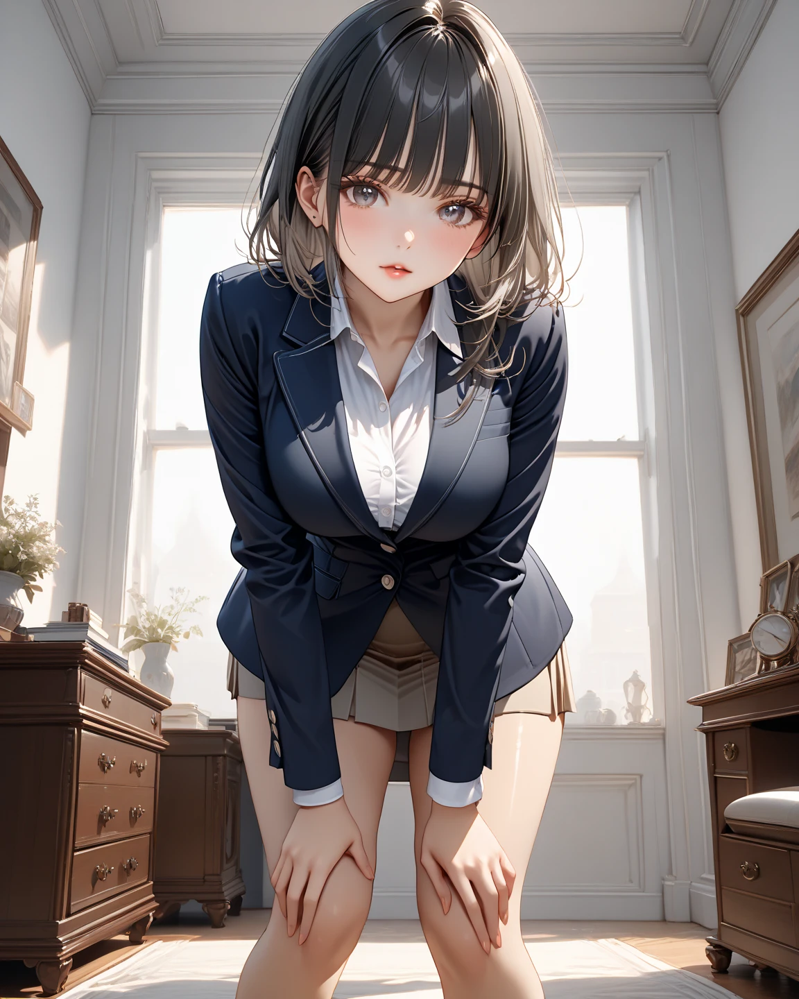 (masterpiece,Highest quality:1.3,best quality illustration),realistic,cowboy shot,1woman,30 year old Japanese beauty,((very small head:1.4)),short bob hair,brown hair,bangs,brown eyes,gorgeous eyes,shy,Heavy breathing,((Dark blue blazer jacket、White Shirt、Blue tie、Navy blue mini skirt、black thighhighs)),Naval Officer Uniform,small breasts,((very long body:1.4,tan skin:1.3)),(toned body,slender body,skinny),gleaming skin,shiny skin,sweat:1.2,standing,sitting,Simple bedroom、Simple bed、