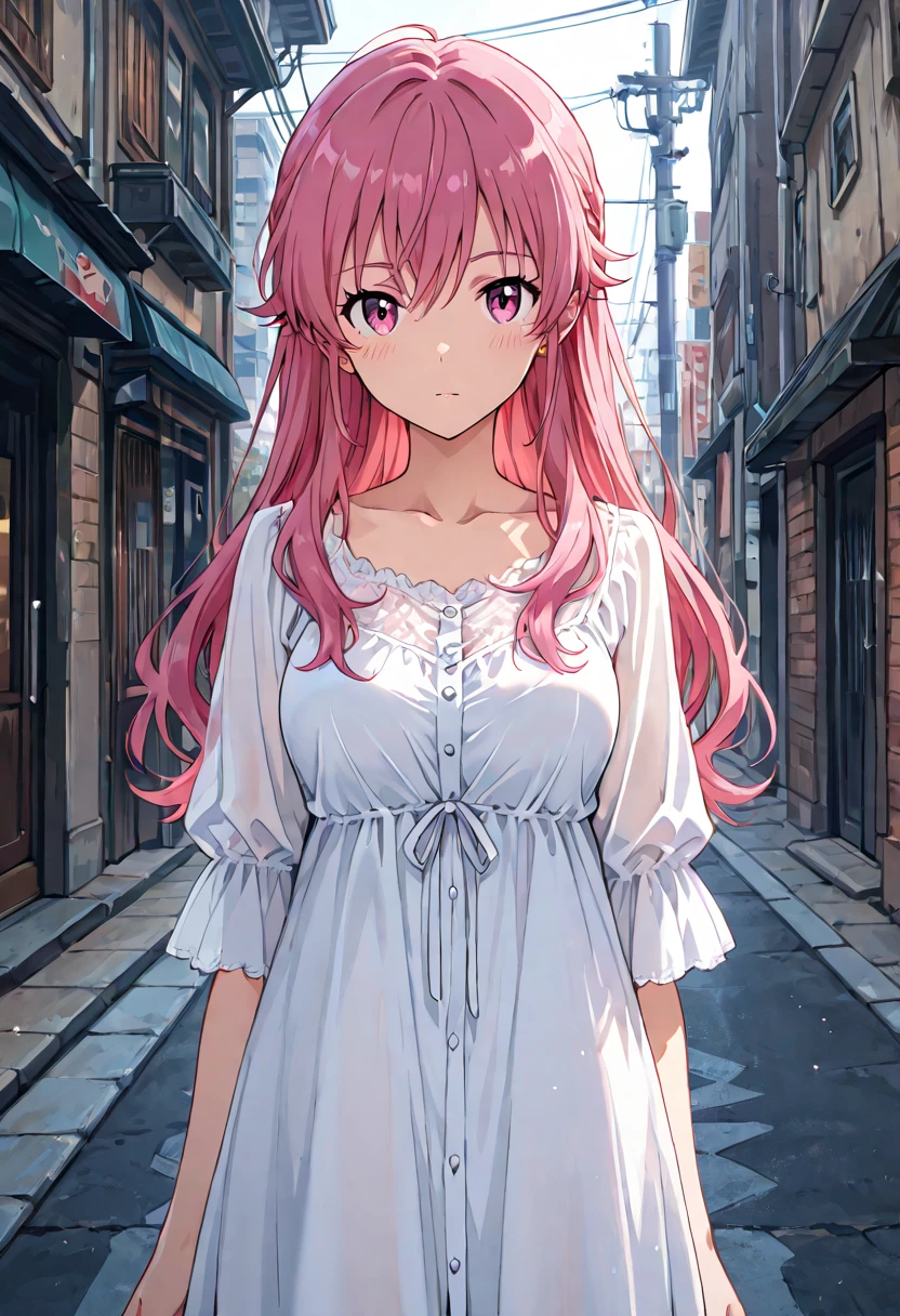 anime、pink hair、big breasts、white shirt、shorts、valley、night