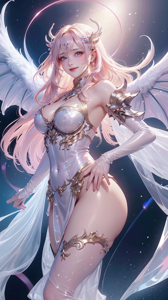 best quality, 32k, RAW photo, incredibly absurdres, extremely detailed, delicate texture, beautiful Heavenly Maiden's Dance, hair over one eye, amorous and lewd expression, translucent and fluttery pastel colored hagoromo dress, mysterious, superlative body proportion, background iridescent, pink, orange, scattered gold dust