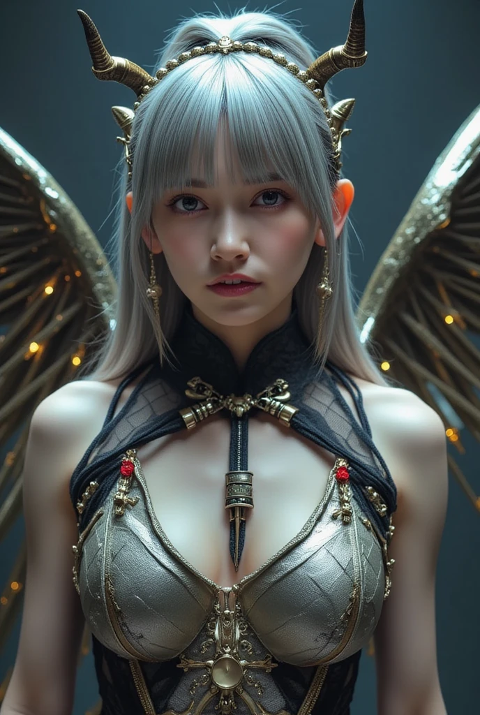 top-quality、masterpiece、超A high resolution、(Photorealsitic:1.4)、Raw photo、女の子1人、Black hair、glowy skin、1 Mechanical Angel、large metal wings、Shining Angel Circle、((super realistic details))、portlate、globalillumination、Shadow、octan render、8K、ultrasharp、Colossal tits、Raw skin is exposed in cleavage、metals、Details of complex ornaments、Steampunk details、Hydraulic cylinder、highly intricate detail、Realistic light、a purple eye、radiant eyes、Facing the camera、neon details、Mechanical limbs、blood vessels connected to tubes、Mechanical vertebrae attached to the back、mechanical cervical attaching to neck、sitting on、Wires and cables connecting to the head、Small LED lamp、Sumerian details、