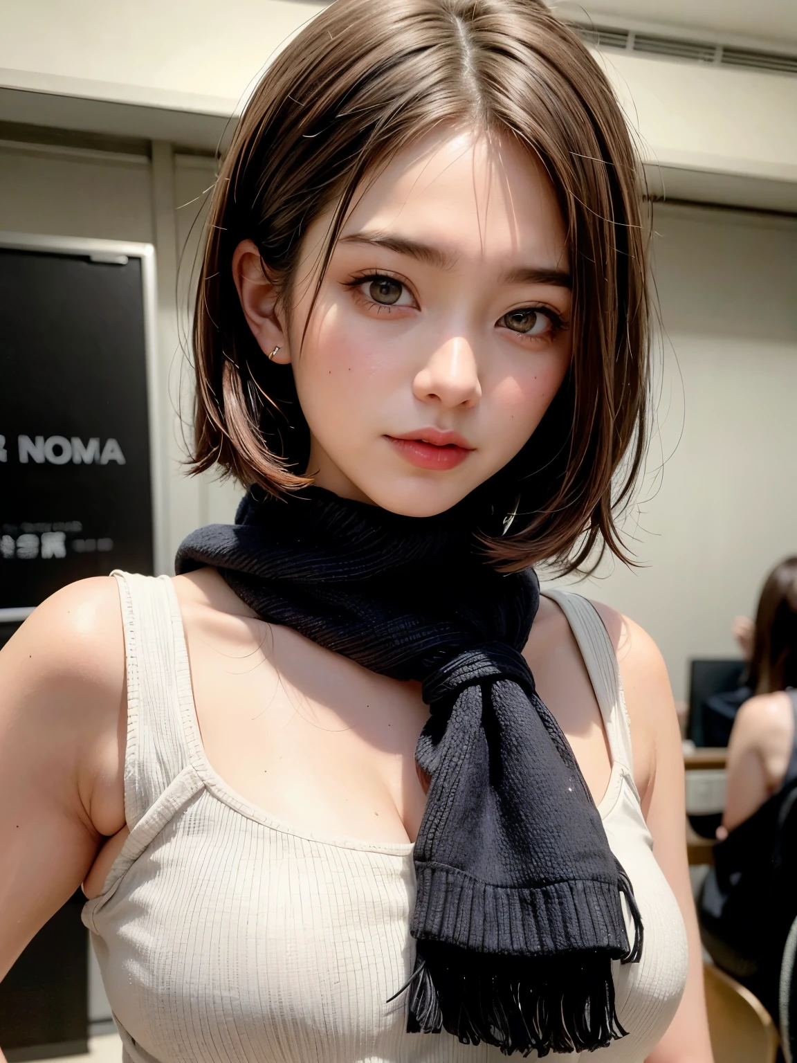 Highest quality、masterpiece、Perfect Anatomy、Center of chest,Black Dress,turtleneck, (((15-year-old girl, slim, short hair)))、Small breasts、Small breasts、Flat Chest、turtleneckのニット