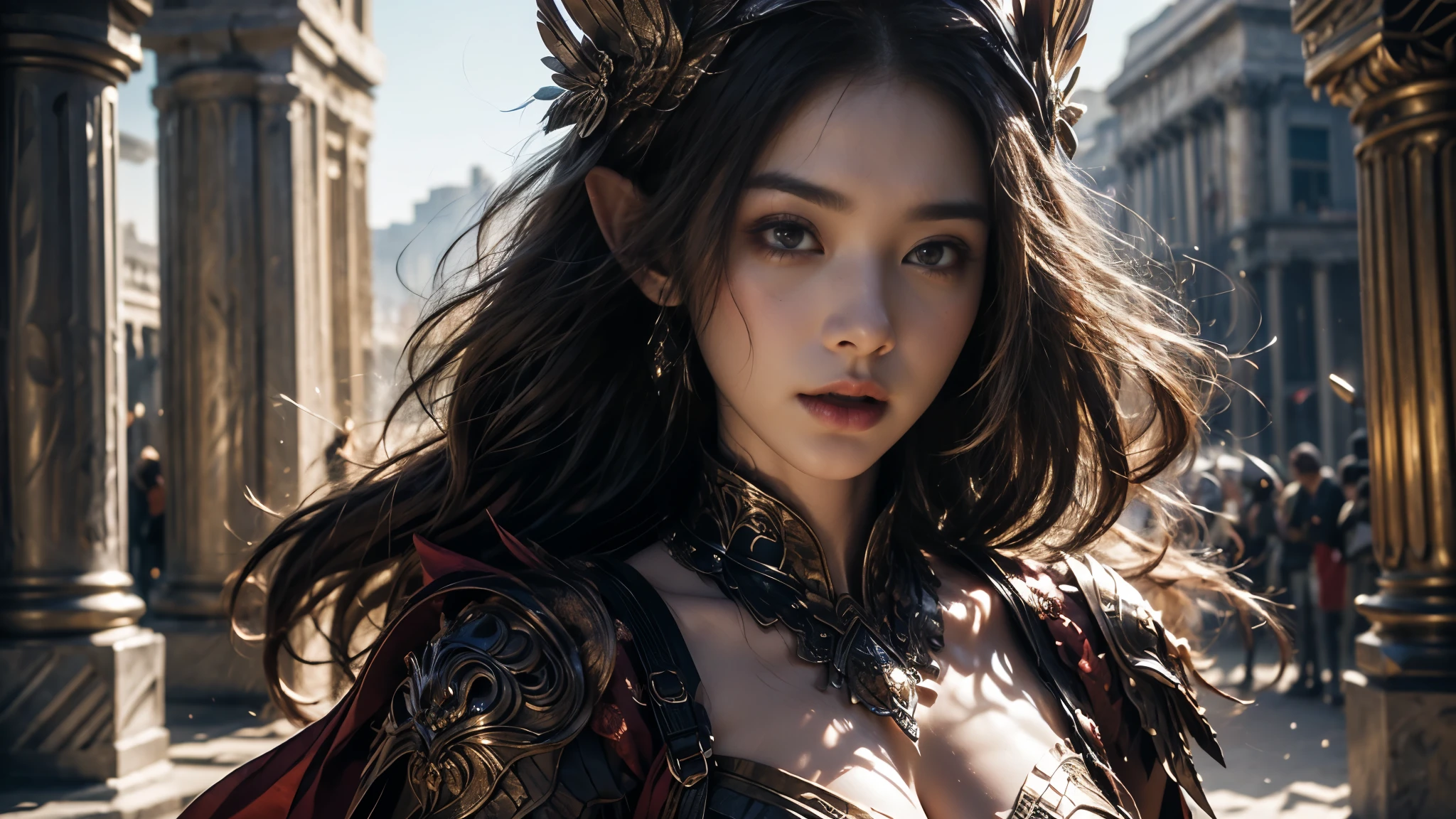 Beautiful Portrait of a Perfect Female Elf Warrior , 完美特征, (Extravagant armor), Abstract Beauty , sexy figure, mouth closed ,Almost perfect, Pure Form, dynamic pose, Greek temple background, (Dark shadow), (Intense Cinematic Lighting ), intricate details, 8K Post-production, high resolution , super detailed, sharp focus, Depth of field/1.8, Studio Photos, ((( looks at the camera))). Upper Body Lens