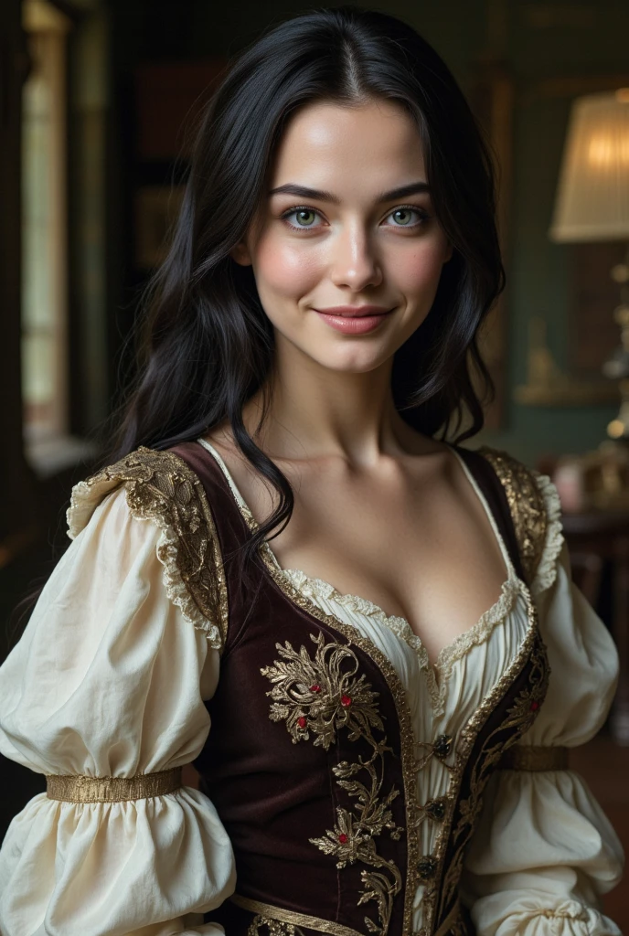 High school girl with big breasts,Miniskirts and blouses, Plump lips, mischievous expression, In a medieval town, Surrounded by clouds, Exude maternal love, In a chic and sophisticated style. (Best Quality, 4K, hight resolution, masutepiece:1.2), Ultra-detailed, (Realistic, Photorealistic, Photorealsitic:1.37), Portraits, Vibrant colors, soft and warm lighting.