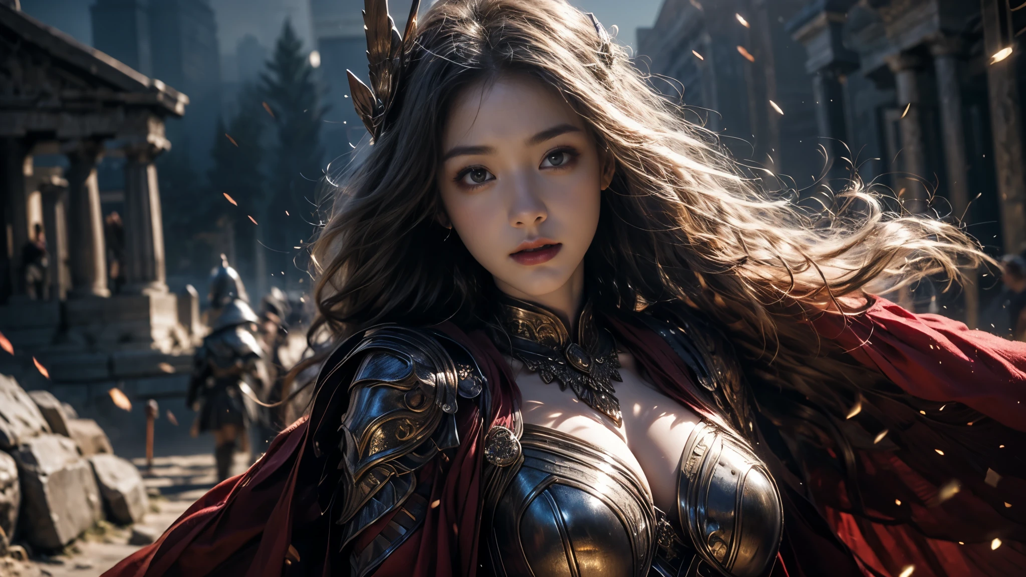 Beautiful Portrait of a Perfect Female Elf Warrior , 完美特征, (Extravagant armor), Abstract Beauty , sexy figure, mouth closed ,Almost perfect, Pure Form, dynamic pose, Greek temple background, (Dark shadow), (Intense Cinematic Lighting ), intricate details, 8K Post-production, high resolution , super detailed, sharp focus, Depth of field/1.8, Studio Photos, ((( looks at the camera))). Upper Body Lens