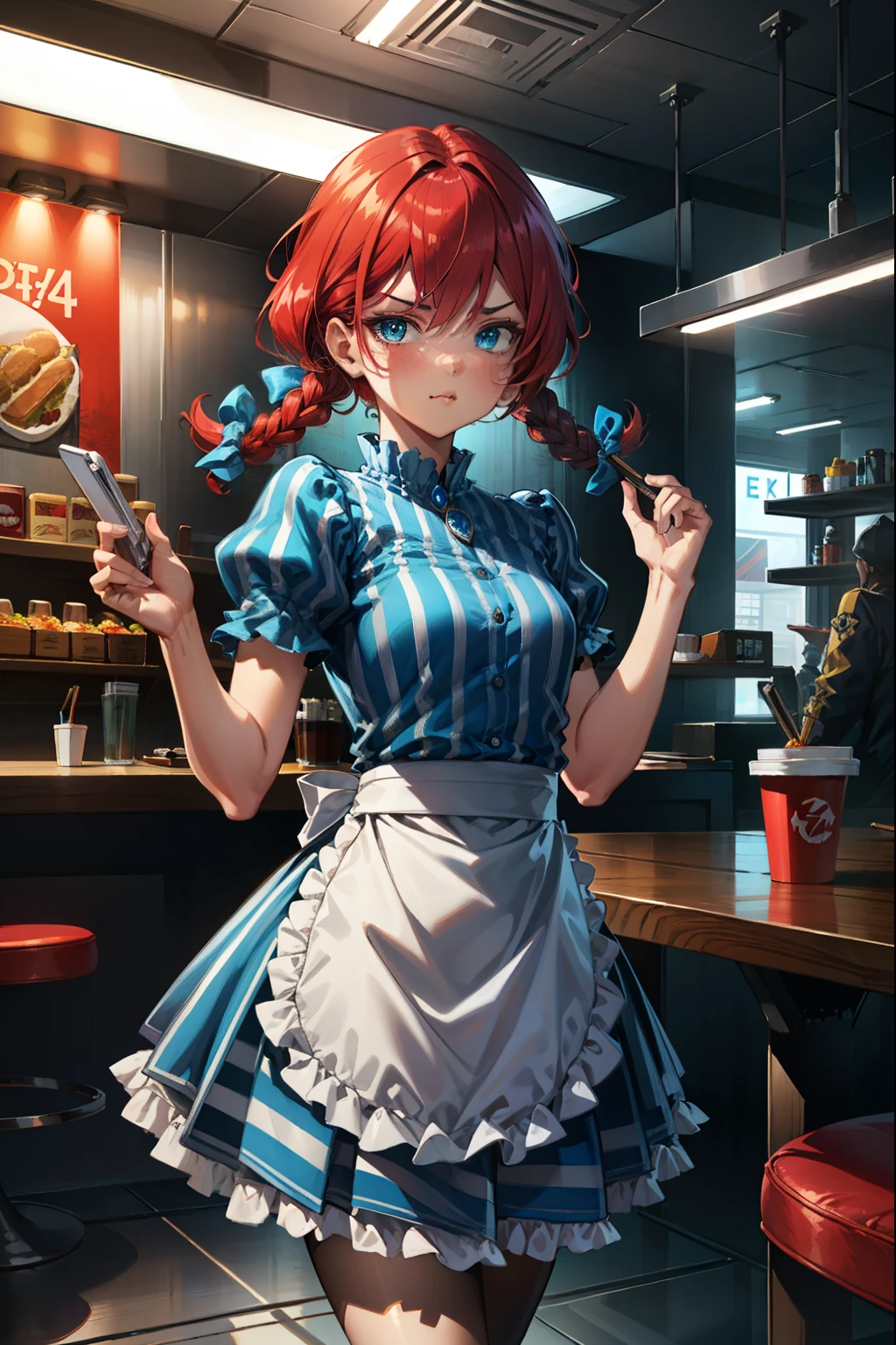 (extremely detailed CG unity 4k wallpaper),(best illustration),(best shadow),(absurdres), Fast food interior background)zzwendy, red hair, blue eyes, apron, brooch, hair bow, sidelocks, striped, petite figure, arm's crossed, eyebrow raised doubtfully, pout, Small bust size,