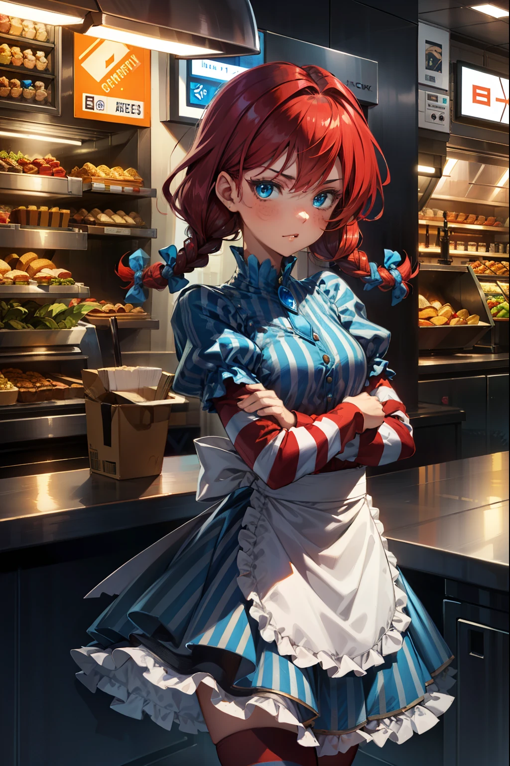 (extremely detailed CG unity 4k wallpaper),(best illustration),(best shadow),(absurdres), Fast food interior background)zzwendy, red hair, blue eyes, apron, brooch, hair bow, sidelocks, striped, petite figure, arm's crossed, eyebrow raised doubtfully, pout, Small bust size,