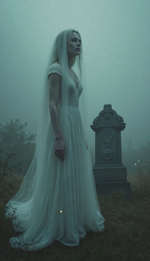 An amateur photo taken outside a cemetery at night with heavy fog in the background of a scary 2 meter tall ghost woman passing between the graves so that she doesn't see that she is being photographed.