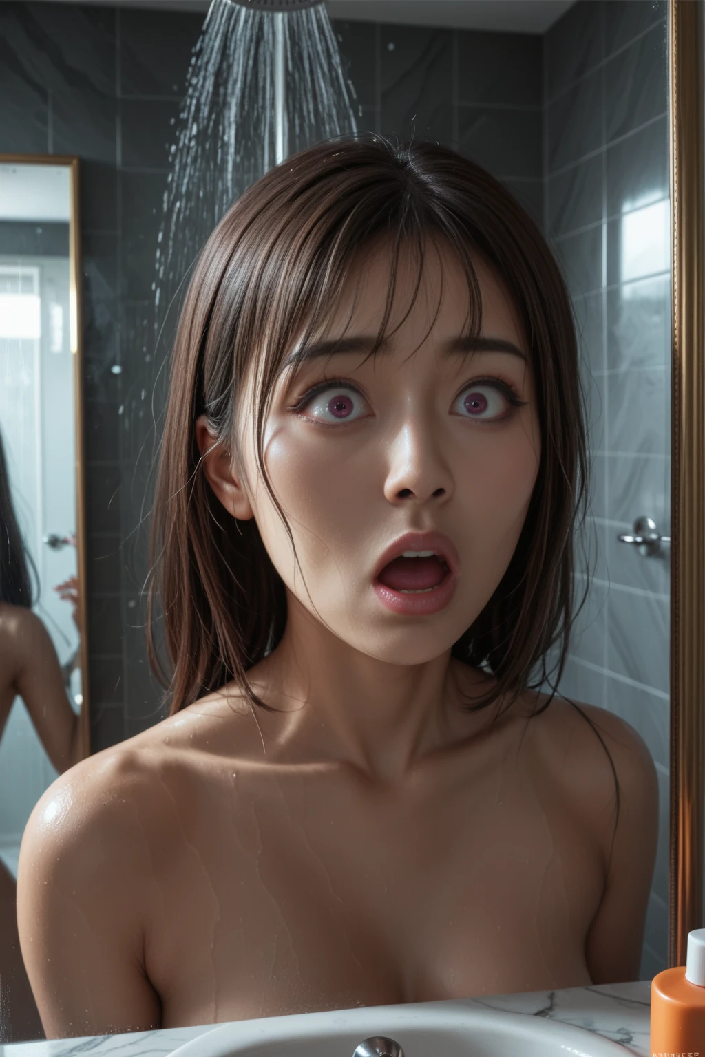score_9, score_8_up, score_7_up, vibrant asian woman, steamy shower,eyes wide in shock, stare at face, ((shocked scream in mirror)), shoulder length hair, mediumbreasts_erect 
