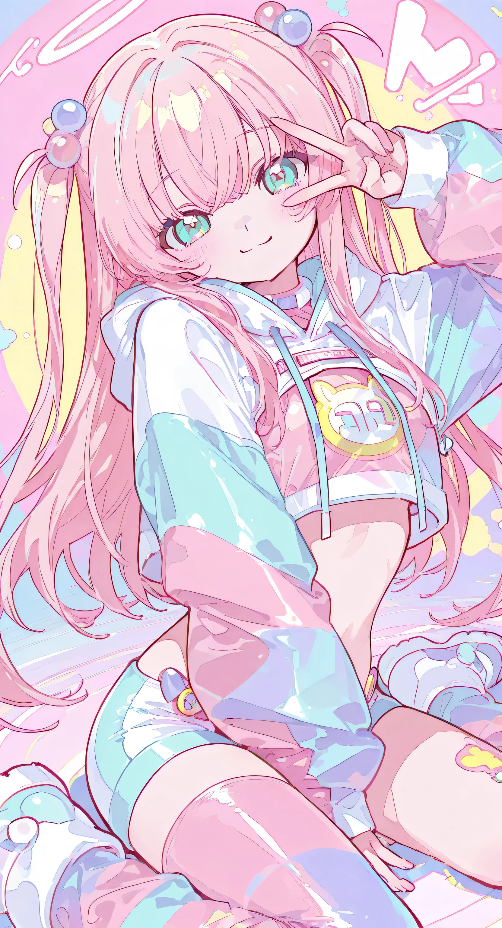 Pastel colors hero suit, cropped hoodie, short jacket, A dainamic pose, two side up, long hair, wariza, pink effects, smile, v over eye