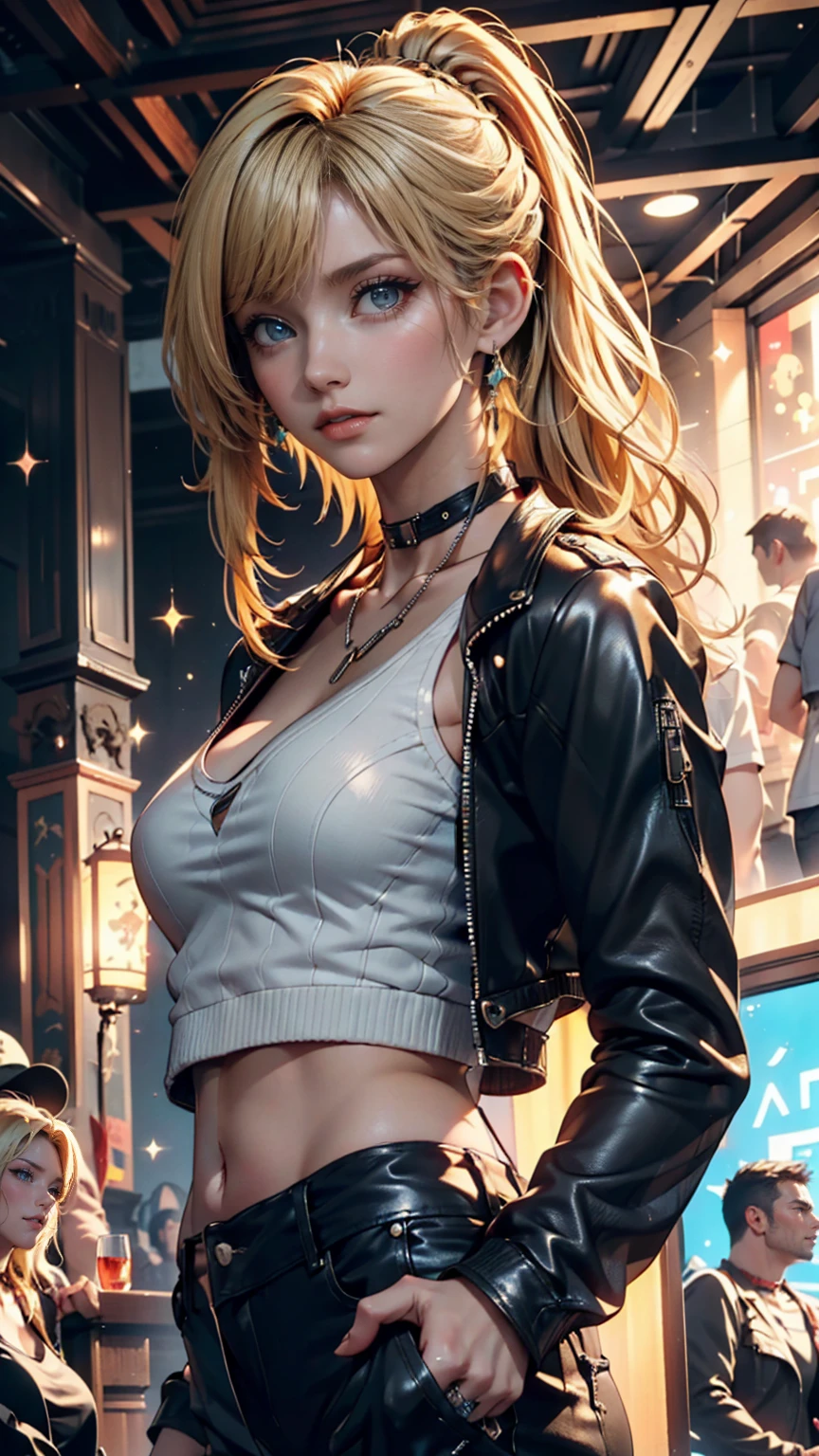 one girl, solo, abs, slender body, (upper body, bust:1.2), (black eyes:1.3), blonde hair, (bare shoulders:1.2), masterpiece, highly detailed, look at viewer, front view, (big breasts, huge breasts, giant breasts, exposed breasts, deep cleavage:1.5), (leather jacket, denim shorts, choker:1.4), (studio lights, blured background, glowing edges of image, shiny blured orange background, gradient sprayed background, colorful background:1.3), expressing joy, belt
