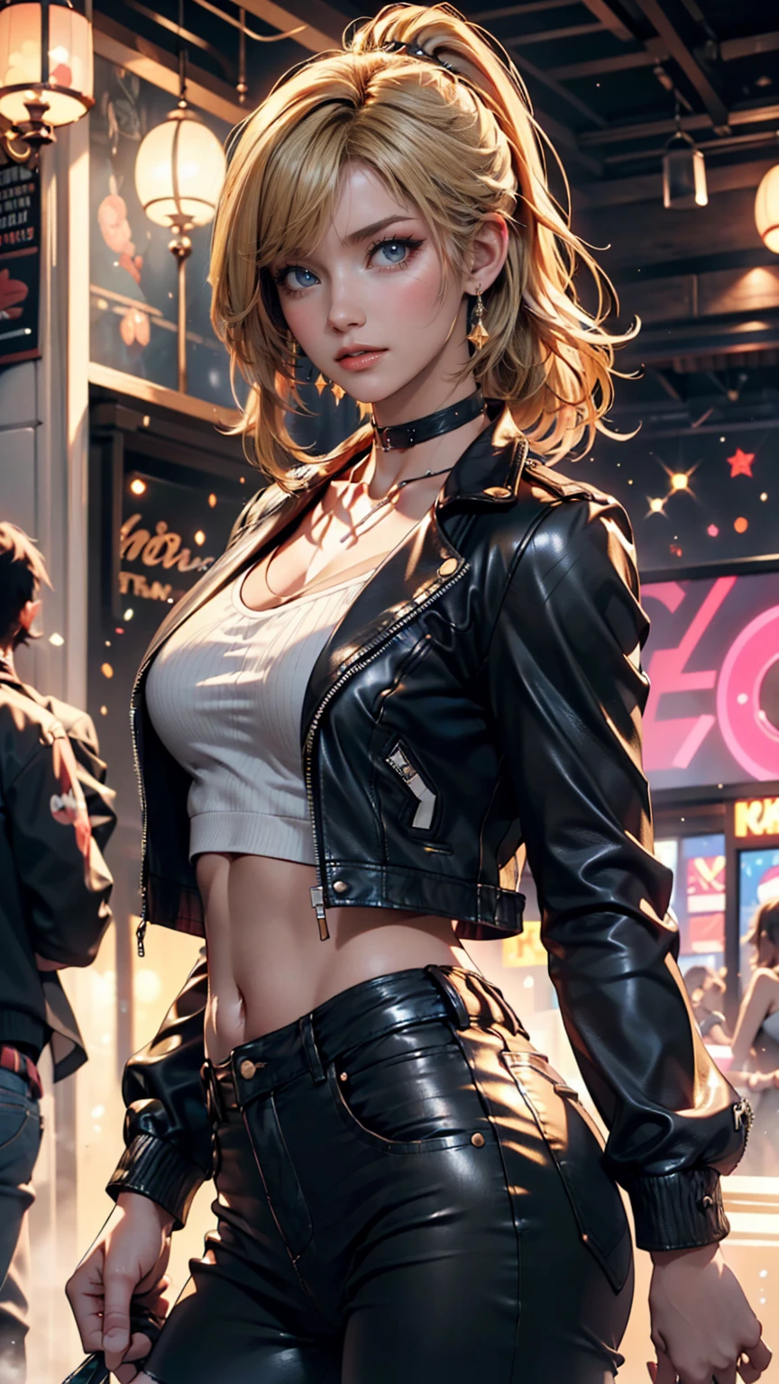 (masutepiece), A sexy、Natural light, Photorealistic, Cameltoe, diffuse glow, depth of fields, profetional lighting、big eye、the eyes are blue、a blond、Russian、Black leather jeans、Black leather pants、Black T-shirt、Rock、Microphone in right hand、The background is a drummer、Number of accessories on the arm々、Skull Accessories、Hair is unkempt、Splattering sweat、Packed audience in the background、