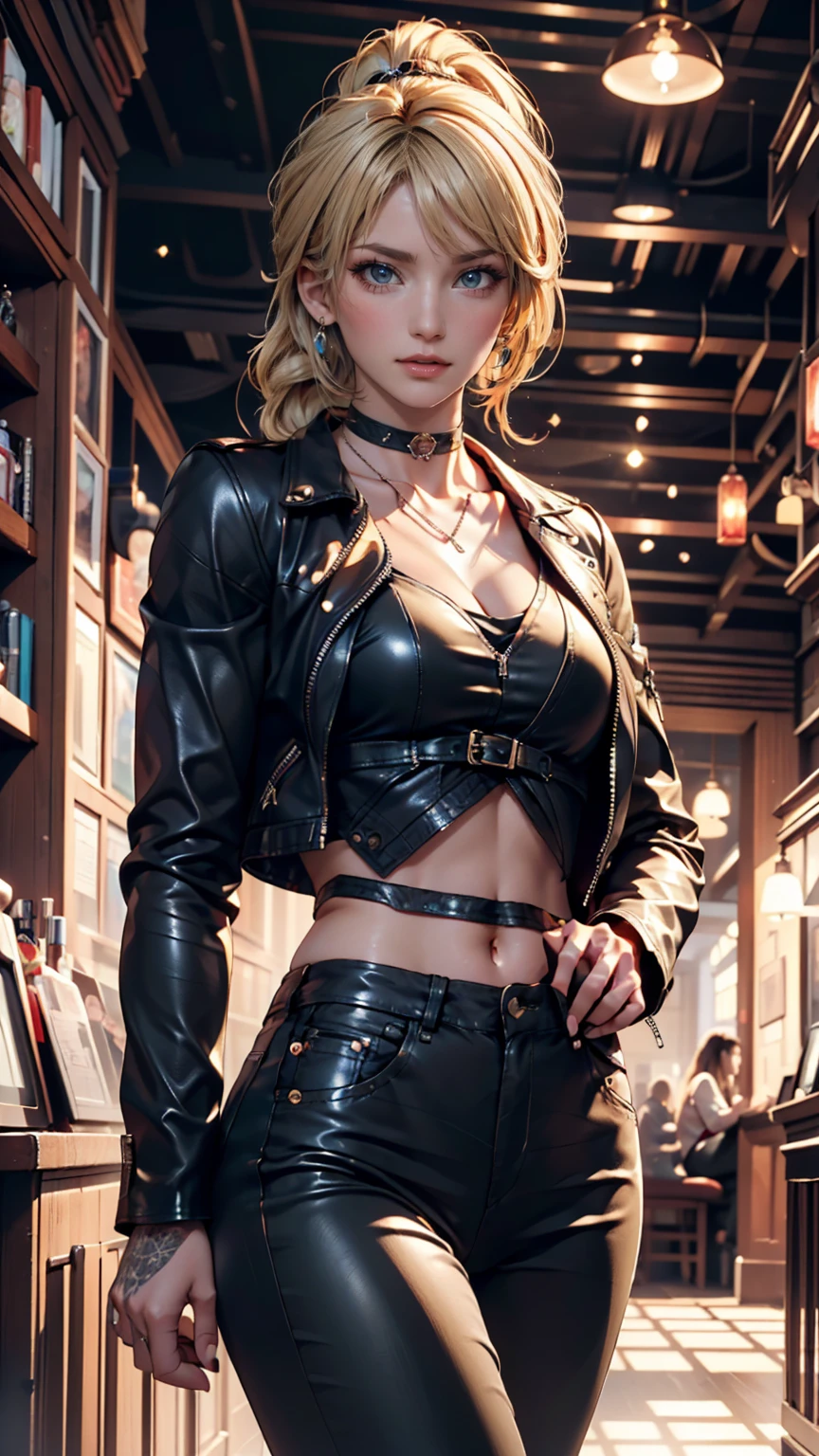 a beautiful 25 years old British female vampire, with single-braided blonde hair, wearing dark brown shirt and black tight leather pants, view from front, waist up shot, dynamic pose, ambient lighting, photo realism, intricate face detail, intricate hand details, highly detailed, vibrant colors, cinematic, high definition, trending on Artstation--style raw