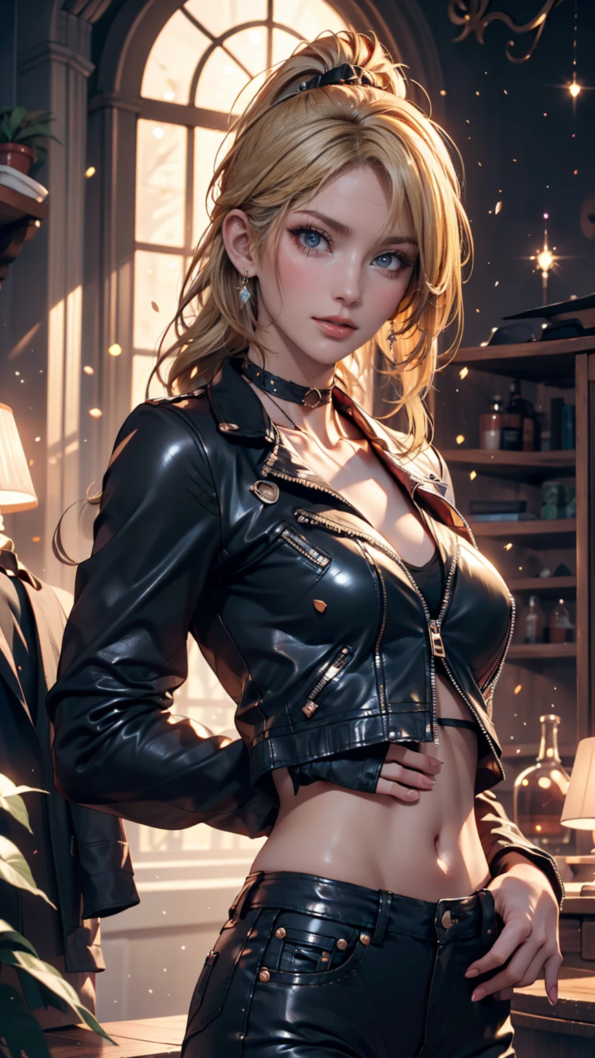 masterpiece, best quality, 8k, sharp focus, depth of field, best shadows, perfect lights, HDR, realistic skin texture, ultra-detailed 2d background, detailed, small breasts, sleeveless collared shirt, Jean shorts, makeup, eyeliner, glitter, froom behind, 