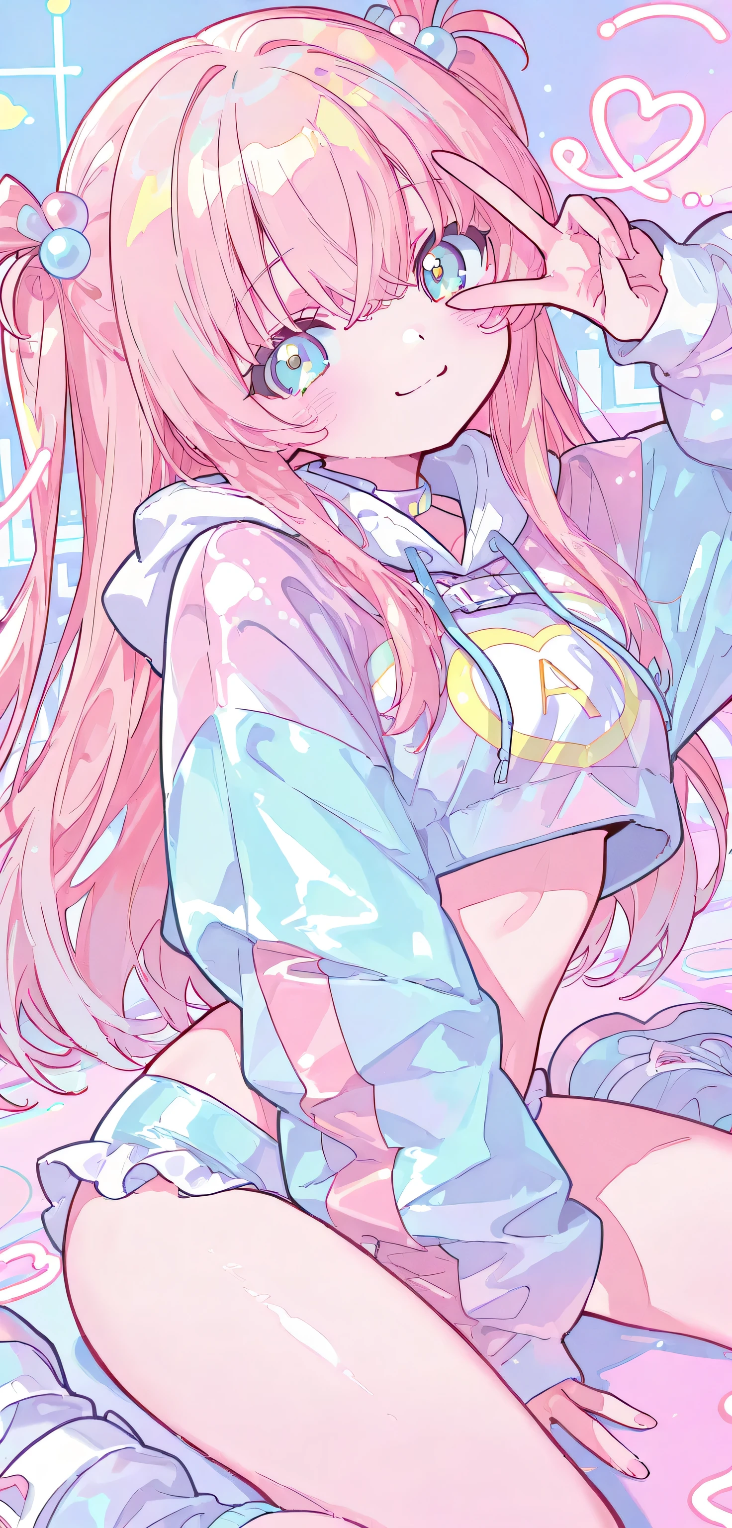 Pastel colors hero suit, cropped hoodie, short jacket, A dainamic pose, two side up, long hair, wariza, pink effects, smile, v over eye 