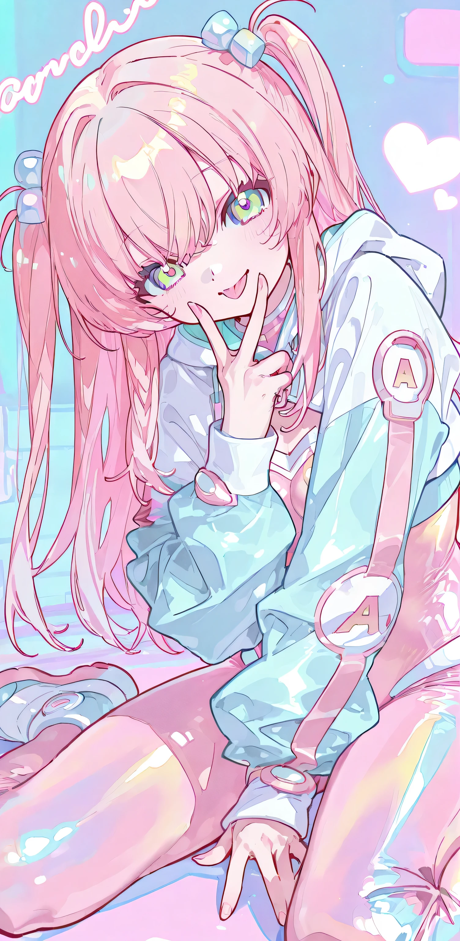 Pastel colors hero suit, cropped hoodie, short jacket, A dainamic pose, two side up, long hair, wariza, pink effects, smile, v over tongue, tongue, leaning forward