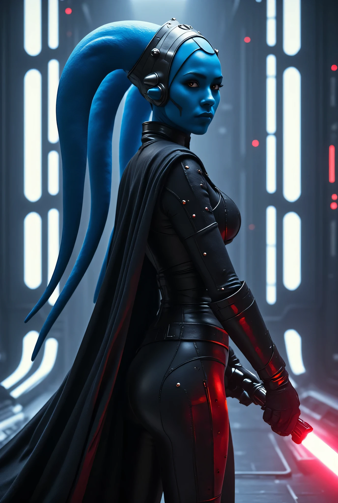 1girl, seductive shapes, seductive body and curves, Twi'leck girl from the Star Wars universe, her skin is blue, instead of hair, paired branches on the head, tentacle-shaped and called “lecku”, they are blue, pretty face, Flirty look , , Девушка офицер in massive black and matt high-tech armor and exoskeleton(with rare red diodes), preparing for battle, Conceptual Style (concept art), semi-profile, cinematic lighting, 8k, hyper-realistic, intricate detailing, sharp focus, neutral background, fully measured full-length photo, Beautiful medium-sized breasts, cool hips, beautiful waist, in his hands, standing in a fighting and seductive position, He is holding a Star Wars blaster, on the spaceship, cool hips, the refined waist , face slash