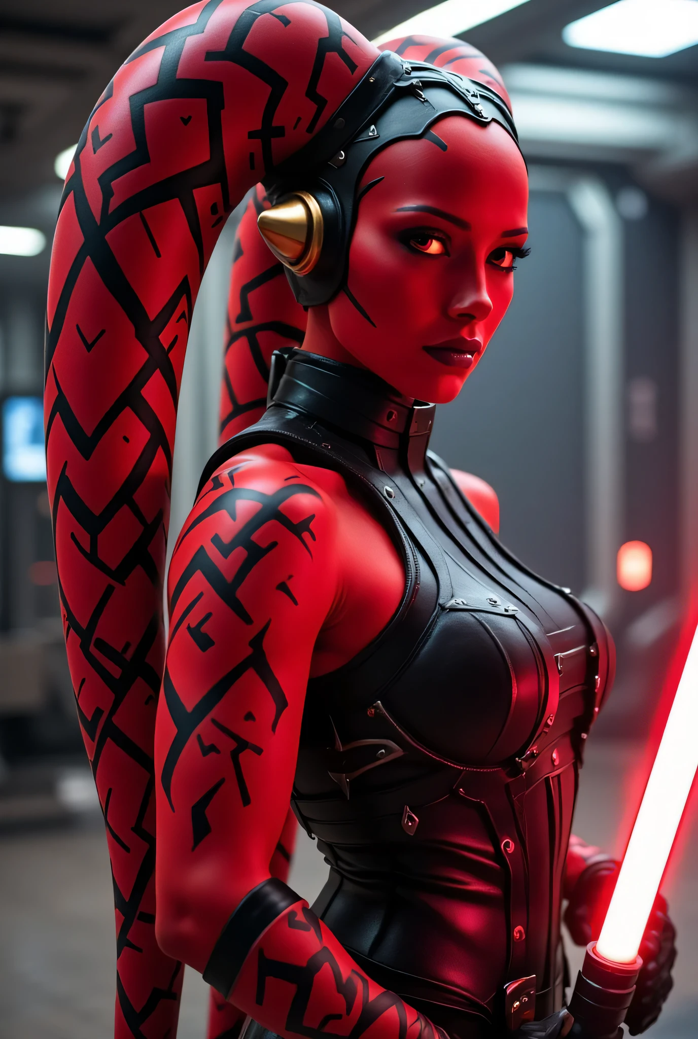 1girl, seductive shapes, seductive body and curves, Twi'leck girl from the Star Wars universe, her skin is red, instead of hair, paired branches on the head, in the shape of tentacles and called “lecku”, are red, pretty face, determined look , scarlet neon glowing eyes, arrogant look, Девушка офицер in massive black and matt high-tech armor and exoskeleton(with rare red diodes), preparing for battle, Conceptual Style (concept art), semi-profile, cinematic lighting, 8k, hyper-realistic, intricate detailing, sharp focus, neutral background, fully measured full-length photo, Beautiful medium-sized breasts, cool hips, beautiful waist, gold earrings in the form of round rings, in his hands, standing in a fighting and seductive position, holds a red lightsaber in his hands, on the spaceship, black tattoos all over the body, cool hips, the refined waist ,