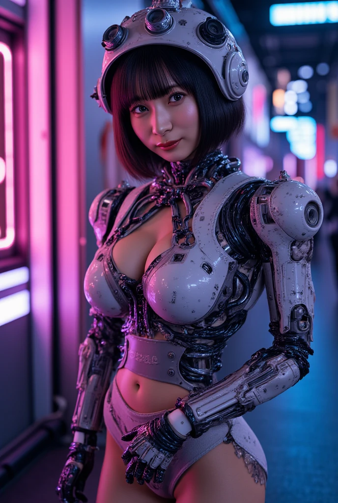 ((((huge mecha-blasters energized attached-to-arms, doll robot joints))), cyberpunk bladerunner, close-up shot, A female transformer , wet dripping rain water, extra-large-hands, covered in painted in urban camouflage patterns, in street wet city raining neon lights signs at night, feminine appearance, doll joints, large rounded chest with two smaller round probes, rounded edges:1.3), very female appearance, she is opening her data input port just below her midsection