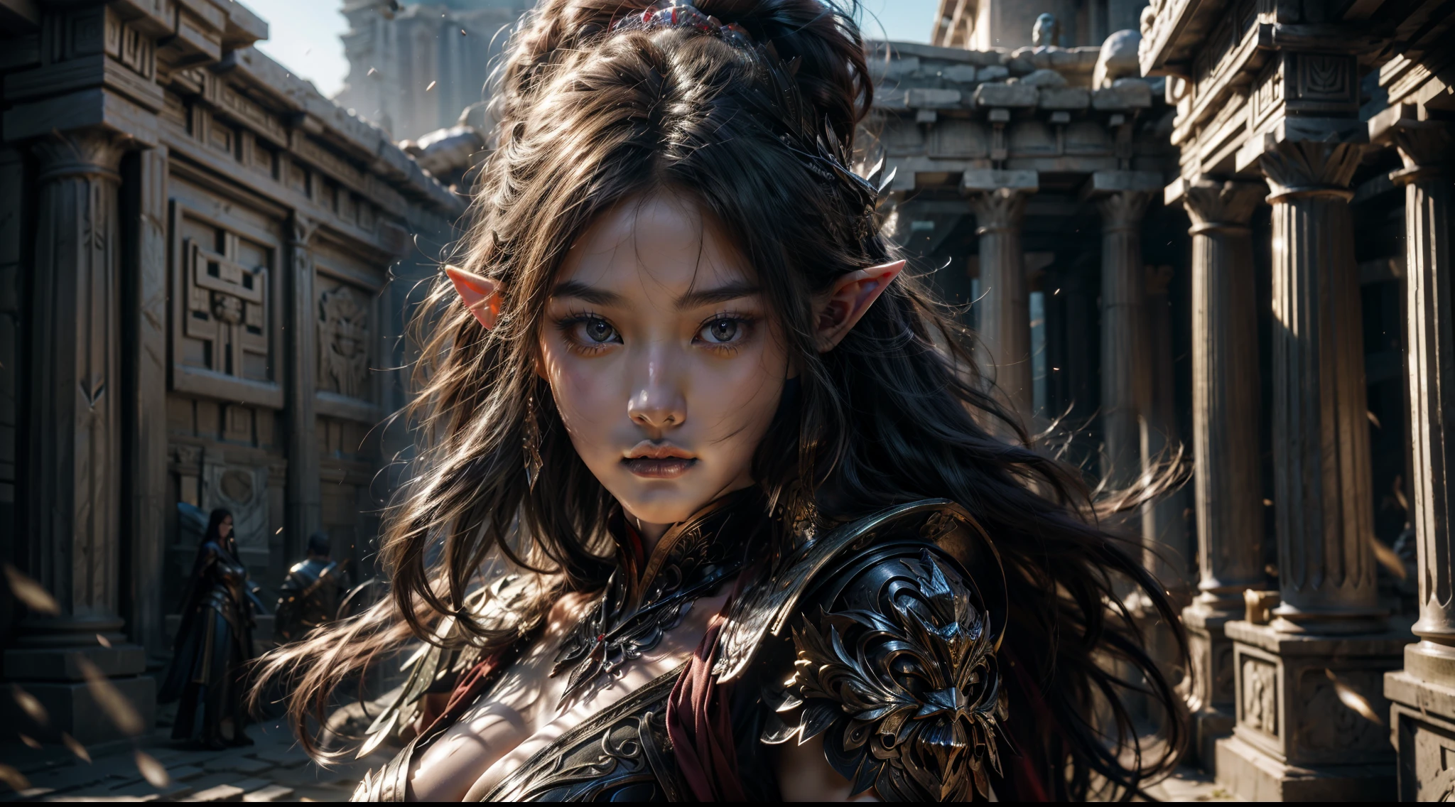 Beautiful Portrait of a Perfect Female Elf Warrior , 完美特征, (Extravagant armor), Abstract Beauty , sexy figure, mouth closed ,Almost perfect, Pure Form, dynamic pose, Greek temple background, (Dark shadow), (Intense Cinematic Lighting ), intricate details, 8K Post-production, high resolution , super detailed, sharp focus, Depth of field/1.8, Studio Photos, ((( looks at the camera))). Upper Body Lens