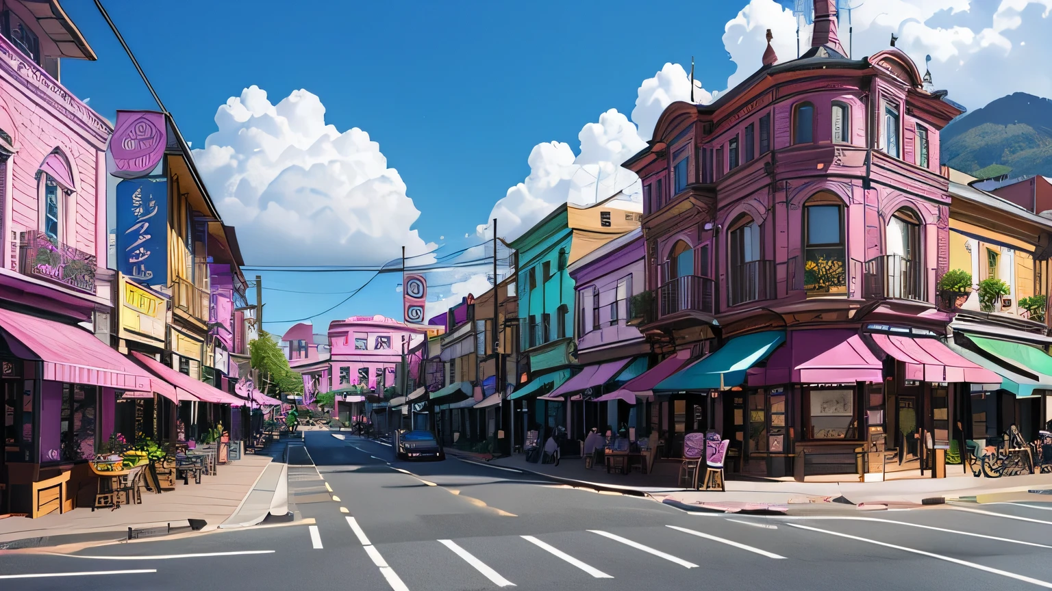 streetscape with cafes lined up with pizzerias, the main street buildings are pink blue、Purple、Orchid plant、Cafe shops on the left and right