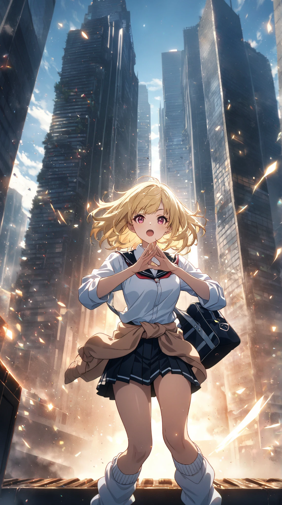 1 girl, mami tomoe, masterpiece, best quality, highres, big breast, pain, screaming, closed eyes, torn clothes, white panties, tearing up,  city background, wreck, explosion, from front