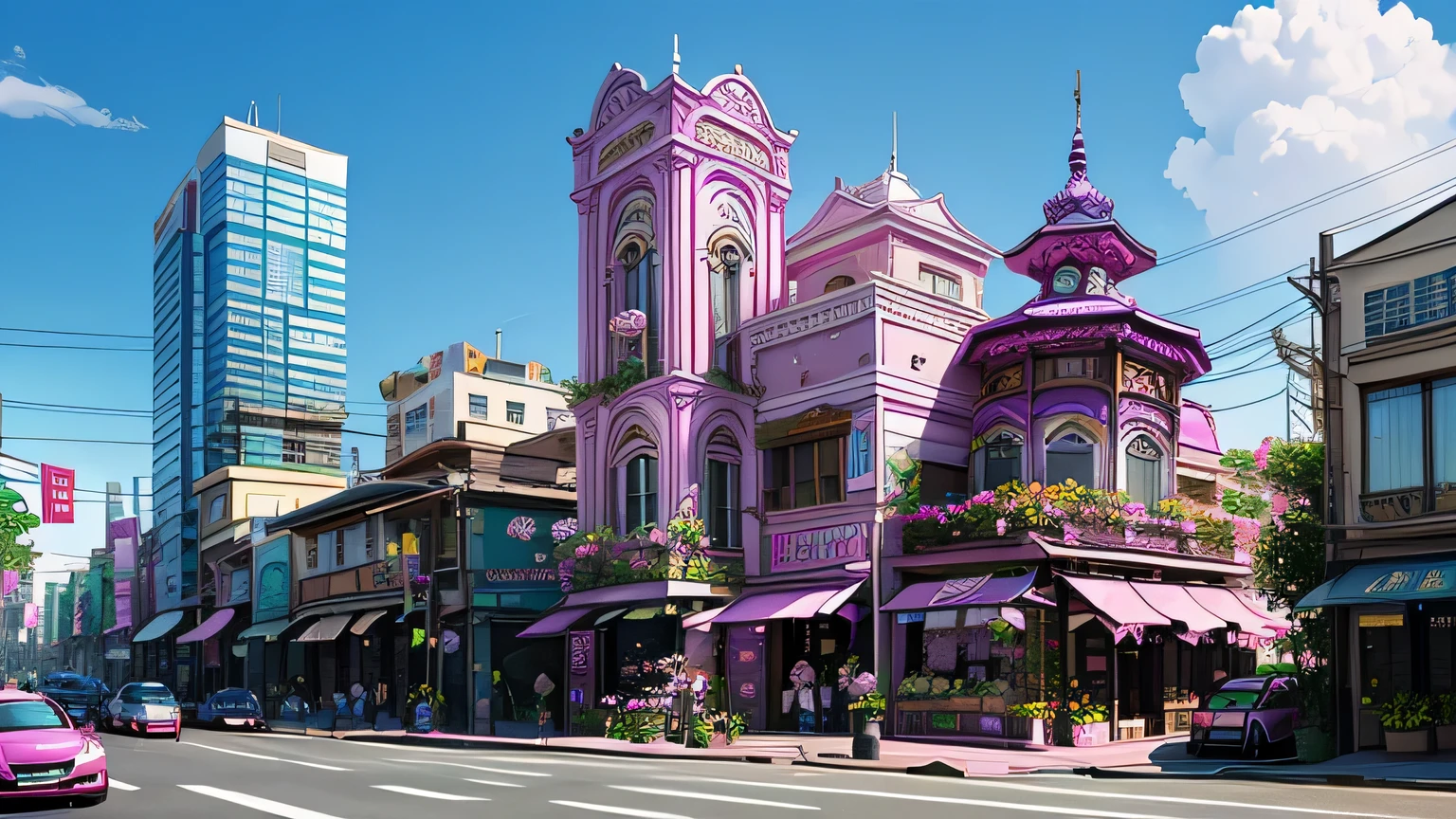 Streetscape with flower shops, boulevard buildings are pink blue、Purple、Orchid plant、There are flower shops on the left and right