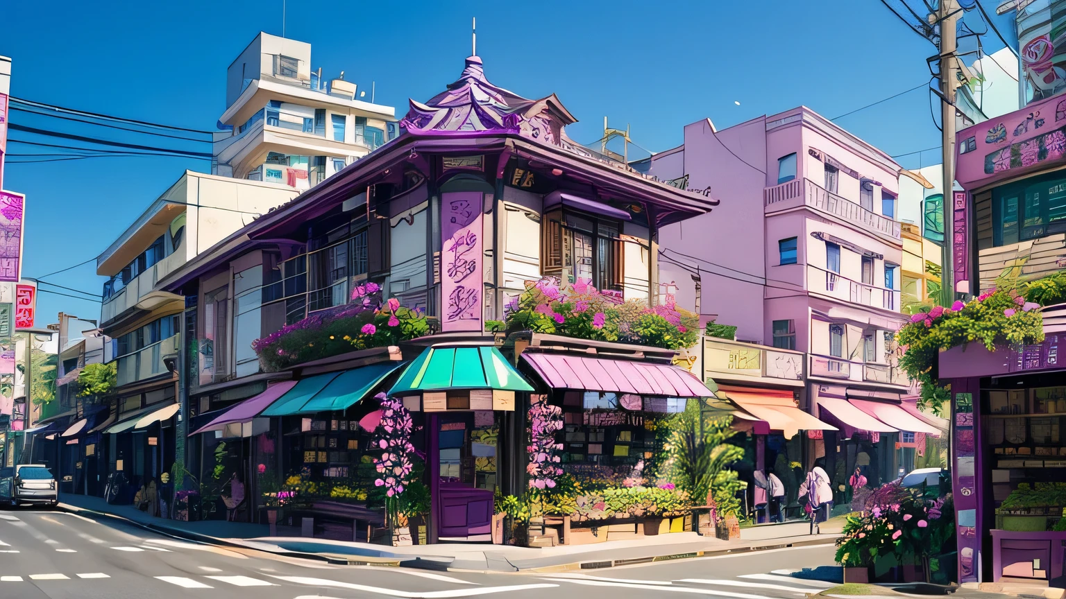 Streetscape with flower shops, boulevard buildings are pink blue、Purple、Orchid plant、There are flower shops on the left and right