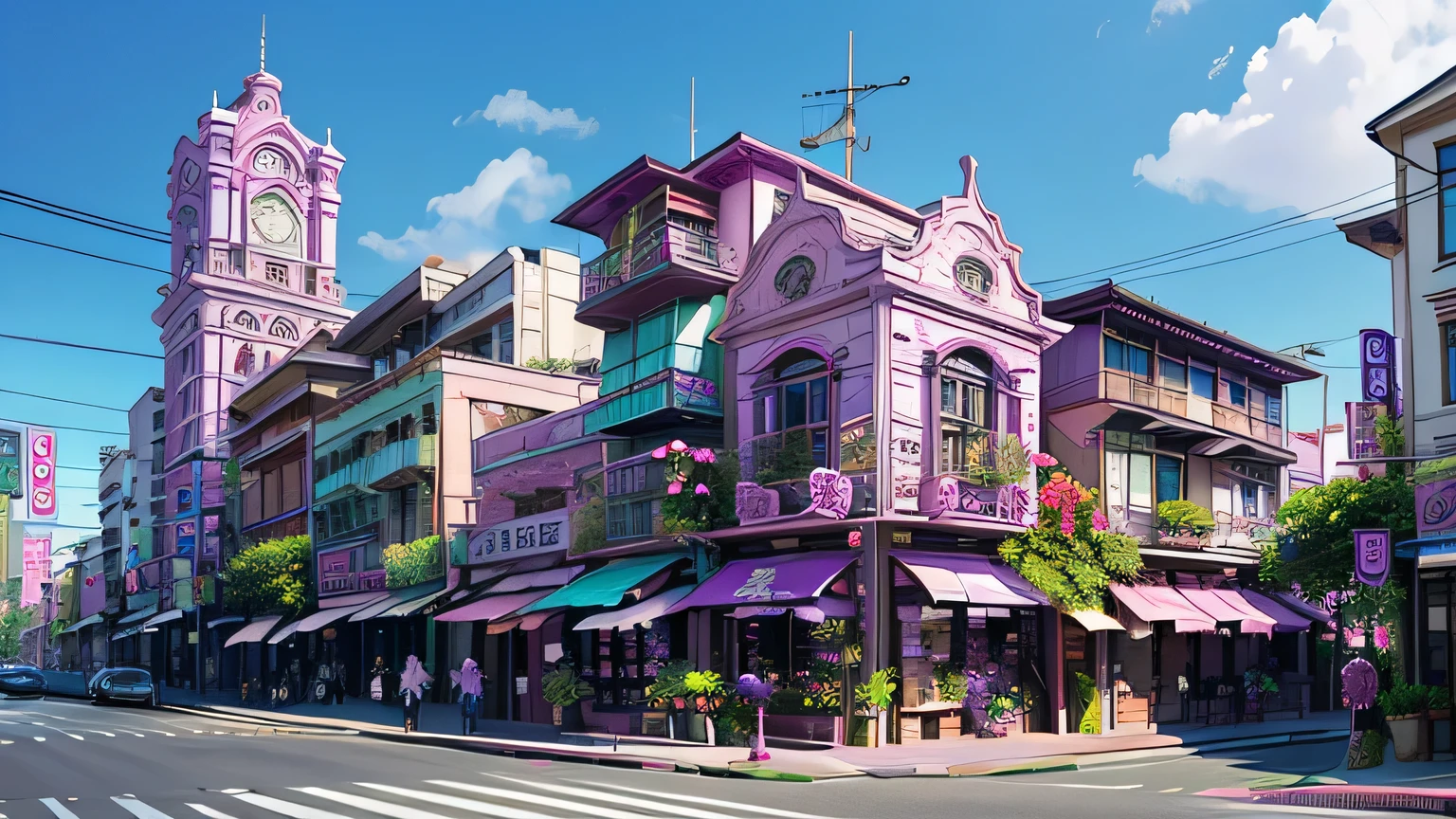 Streetscape with flower shops, boulevard buildings are pink blue、Purple、Orchid plant、There are flower shops on the left and right