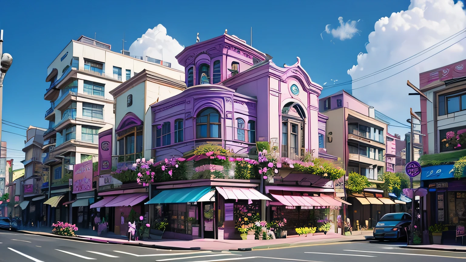 Streetscape with flower shops, boulevard buildings are pink blue、Purple、Orchid plant、There are flower shops on the left and right
