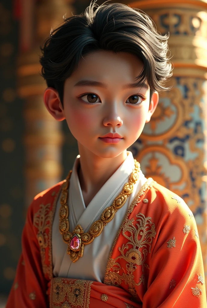 10 year old boy 8k，k hd，detail in face，detail in face，eye detailed，Purple Hanfu clothing details，Fairy tale world and fairy tale style，Ultra photo realsisim，+ Cinema lenses + dynamic compositions，incredibily detailed，Sharpen，the detail + Superb details+Light evening+perfectionism+award winning realism（（Moody light））