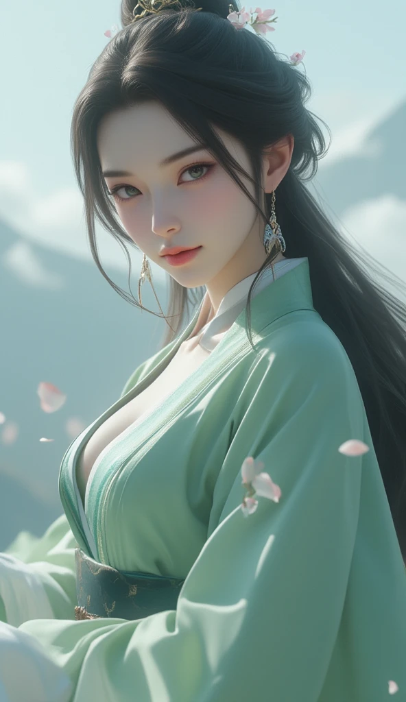 1girl,(((mature female))),chinese style, ancient china, sister,plum blossoms,((Green walls)),alling flower petals,(upper body, half body shot, caring), front shot, {best quality}, {{masterpiece}}, extremely detailed 8K wallpaper, {an extremely delicate and beautiful}, colorful, intricately detailed, Realistic, real, camera quality, (detailed depiction of clothes), cool white skin, (detailed depiction of blush), 1080p, sun, smooth light white hair,bright and silky skin ,super fine illustration, beautiful eyes, very fine light, fine glow, Hanfu,ru_qun，(closeup cleavage)，
