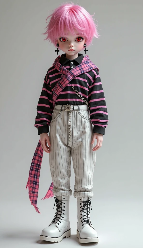 Gothic style, BJD style, boy, pink gradient hair, red eyes, black cross earrings, fair skin, cold expression, black and pink horizontal striped collared long-sleeved shirt, cuffs turned back, pink and black plaid scarf, white belt with chain on the belt, off-white straight striped trousers, white lace-up thick-soled boots, hands in the pants pockets,fulL body,3D,UE4