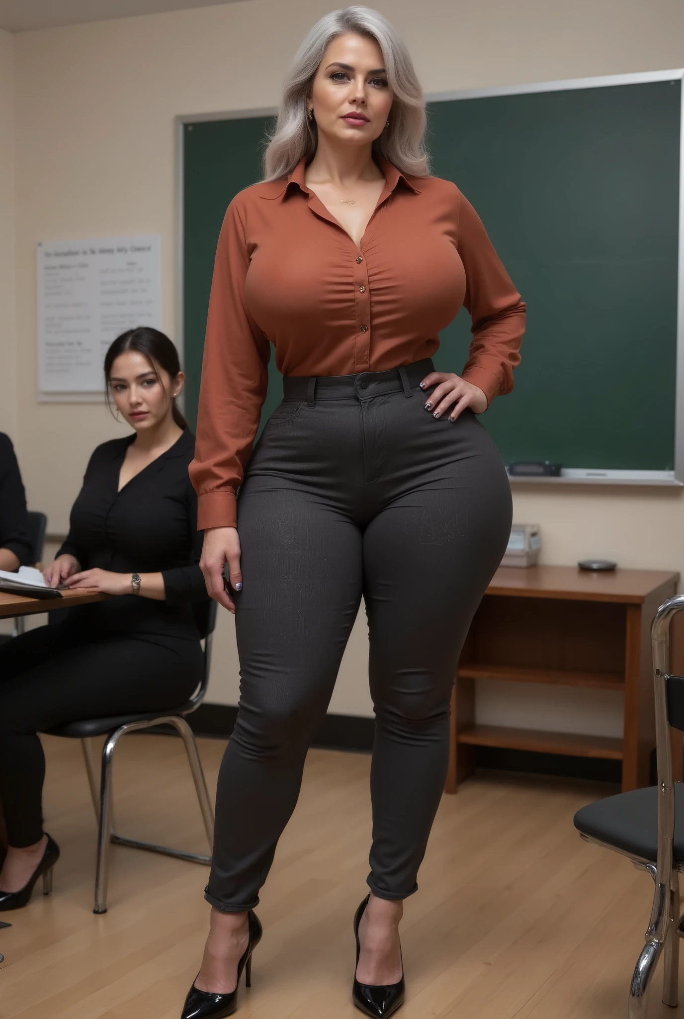 Sensual mature woman, woman in her 60s, Plus size woman, hourglass figure, wide hips, Slim waist, thick legs, small busts , Gray white hair, elegant hairstyle from the 50s,  Formal attire , Tasha Dressy High Rise Pants Charcoal, Looking For My Check Ruffle Shirt Rust, shiny black heels,  You're in a classroom, realistic image quality, excellent quality,  general approach , general point of view.