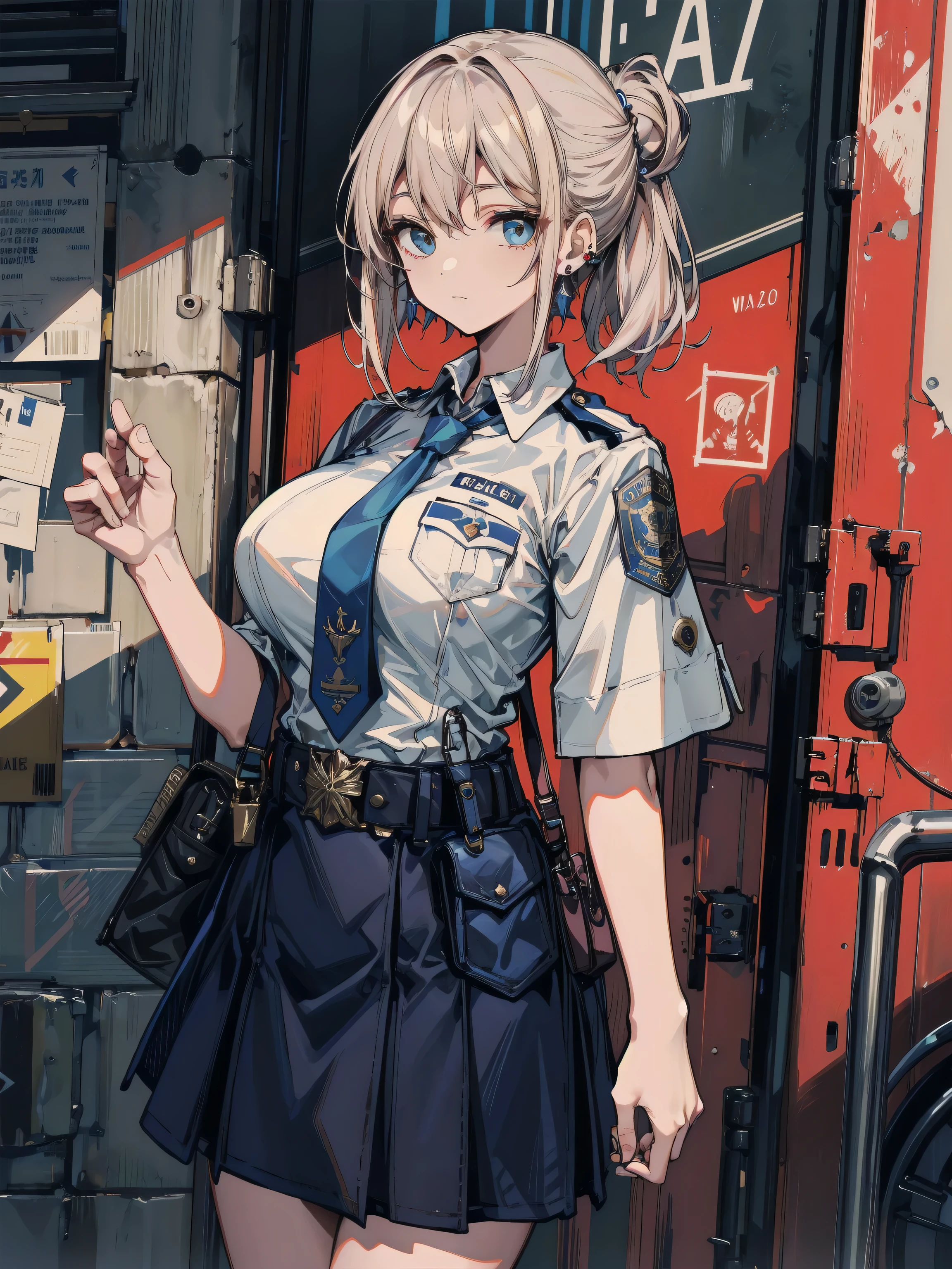 <lora:Nico422:0.8:OUTALL>,1girl,blonde hair, long hair,sexy police girl,open shirt,cosplay police uniform,white police uniform,black bra,police badge on breasts,((black short skrit)),black police hat,leg