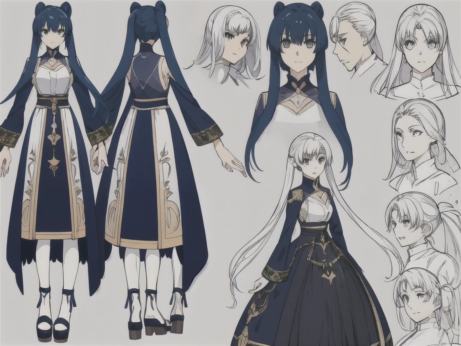 Anime character design, a female monk with Twintails Hairstyle wearing a blue dress and long white leggings, using sandals,  [ Character design ], pretty anime character design, ( ( concept art of character ) ), interesting character design, high-quality character design, Great character design, arknight, character design art, Highly detailed character design, anime character reference sheet