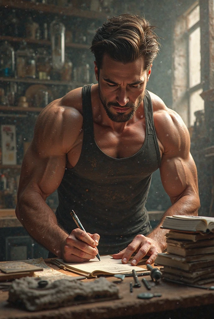 Jacked guy making assignment at home 