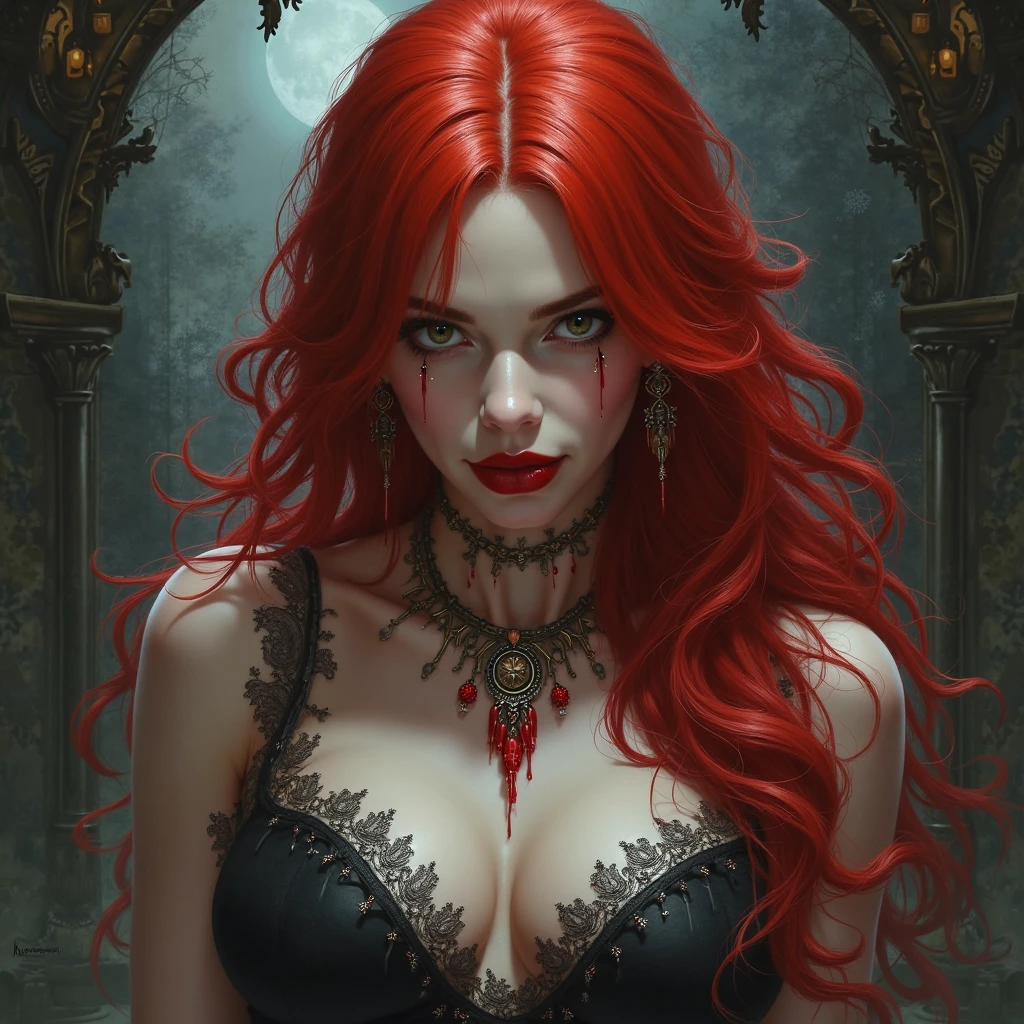 8K,(Sharp Focus：1.1） vampire queen,（(His mouth was covered in blood)）， Blood drop， Blood-stained hair， Ruby tiara， laced dress， Cleavage is seductive， Looking， dark shadow， Intensity， fanaticism， 8K， high quarity， intricate detailes， closeup cleavage， Glowing red eyes，You can see the vampire&#39;s big fangs,Emphasizes cleavage,Maniacalの笑顔の口から吸血鬼の牙,超A high resolution,super realistic skin,Maniacal,bright red mohawk hair,