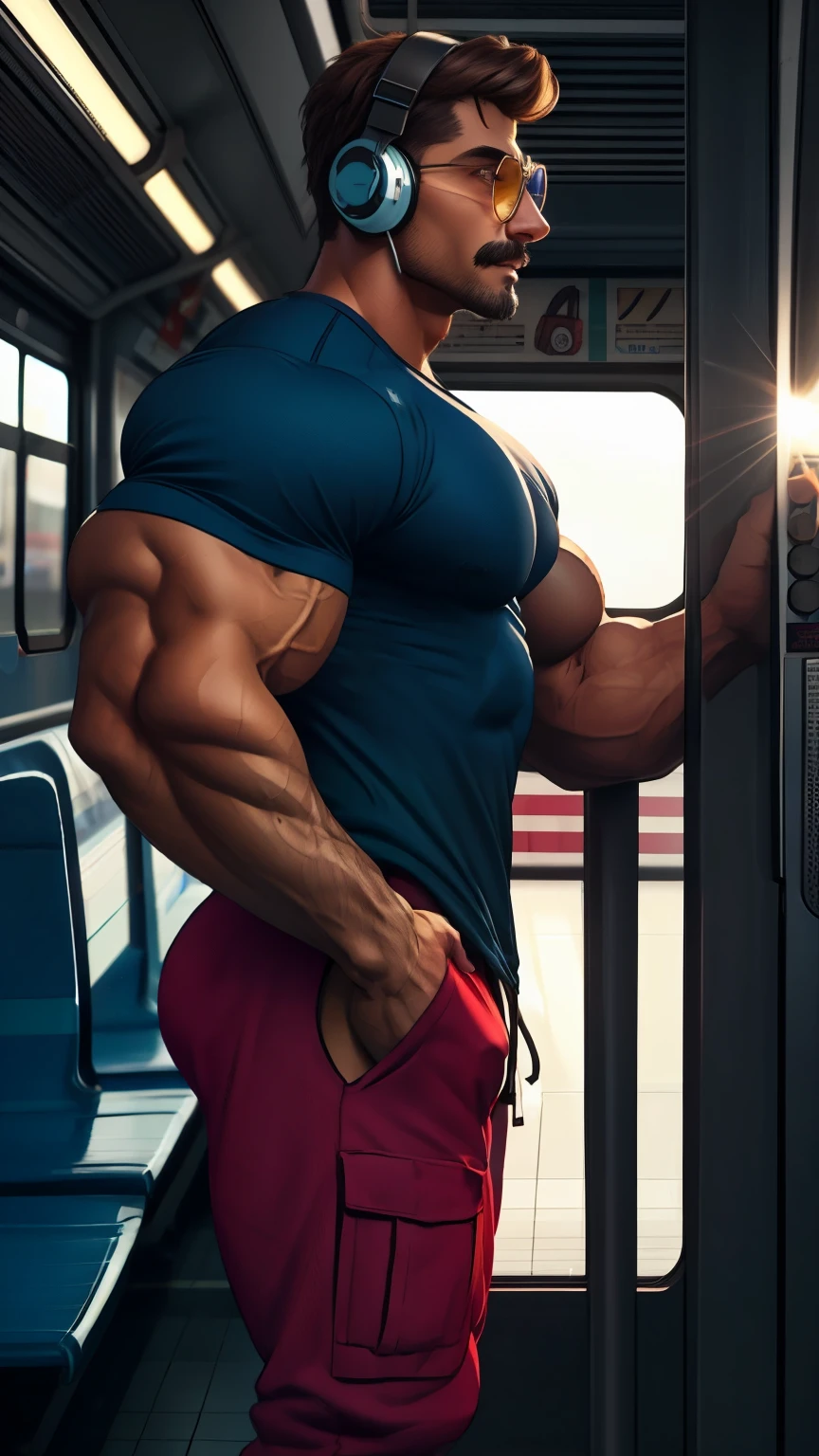 A very muscular highschool freshmen student standing in a subway holding bar. Extremely tall as the doors. Cute young smiling face. Only one person wearing a henley and shorts. Photorealistic.