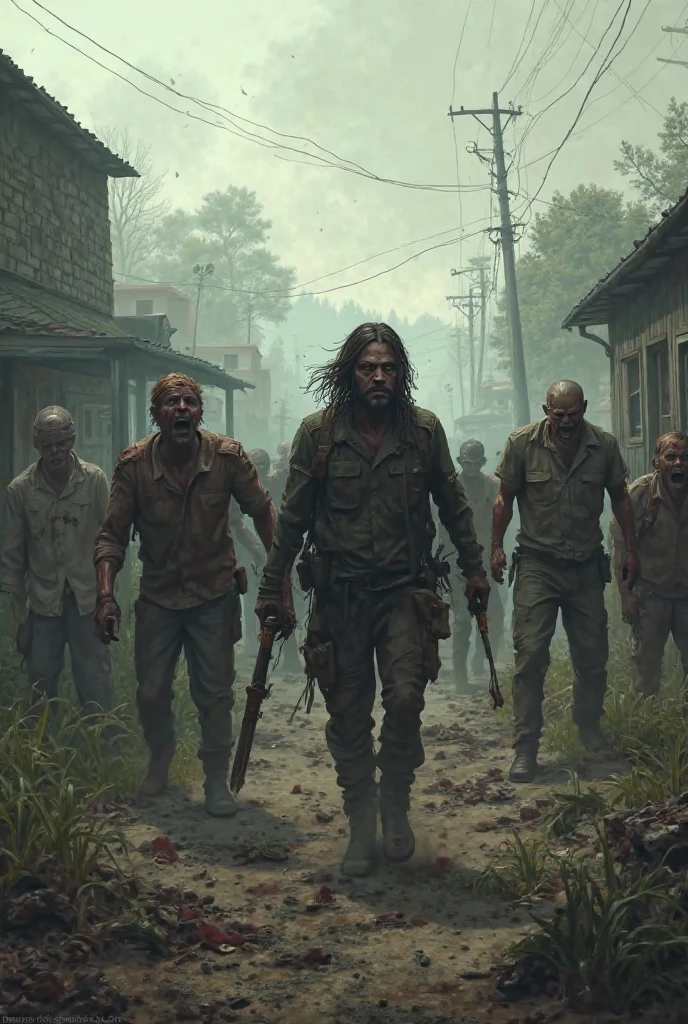 A giant zombie with an ax in his right hand and galve in his left hand 