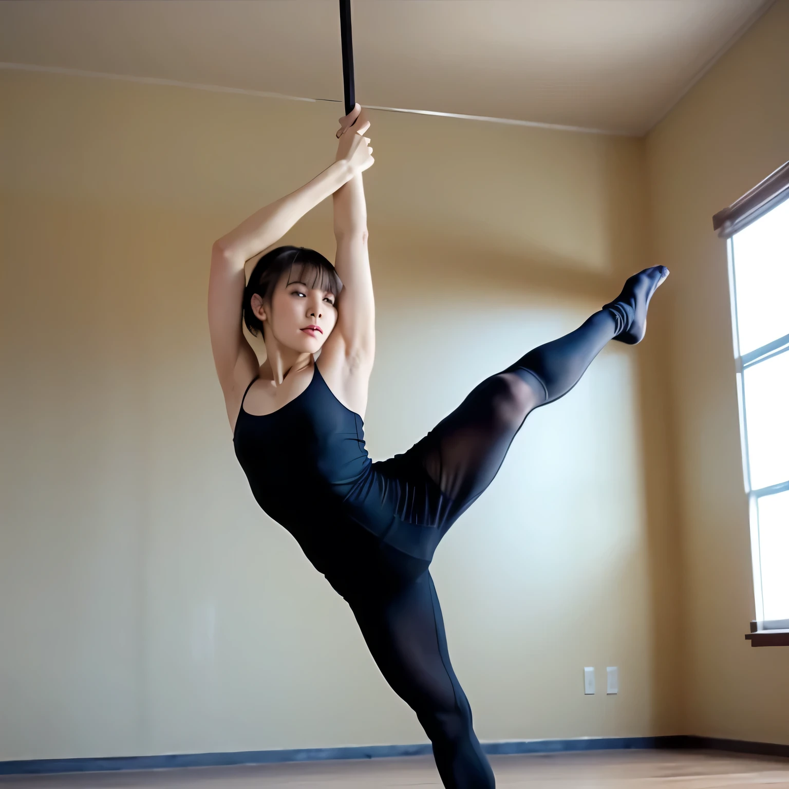 (((Alone))),(((Mature Woman))),(((Long Gray hair without bangs))),(((Completely black eyes))),(Lush body with light curves),(((Wearing workout clothes and holding a bow in one hand)))