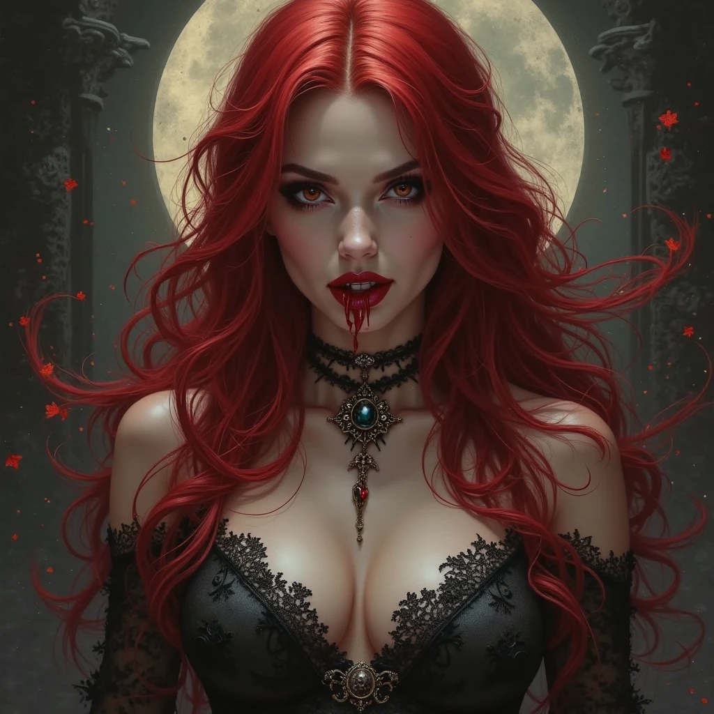 8K,(Sharp Focus:1.1) vampire queen,((His mouth was covered in blood)), Blood drop, Blood-stained hair, Ruby tiara, laced dress, Cleavage is seductive, Looking, dark shadow, Intensity, fanaticism, 8K, high quarity, intricate detailes, closeup cleavage, Glowing red eyes,You can see the vampire's big fangs,Emphasizes cleavage,Maniacalの笑顔の口から吸血鬼の牙,超A high resolution,super realistic skin,Maniacal,bright red mohawk hair,