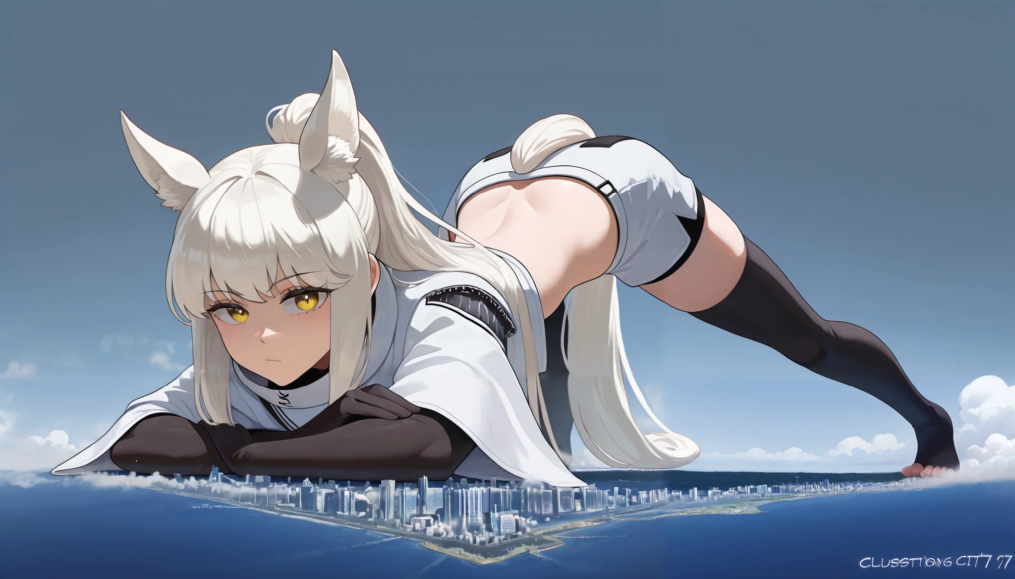 score_9, score_8_up, score_7_up BREAK, disheveled hair, detailed eyes, platinum (arknights), white hair long hair, ponytail, yellow eyes, horse ears, horse tail BREAK, baseplat, plat clothes, plat gloves, plat shorts, plat thighhighs, wide sleeves BREAK, looking at viewer, groin, giantess, fullbody, microcity, Dust cloud, collapsing city, (Planking:1.6), I only put my toes and palm on the ground, illustration, (from below:1.2)
