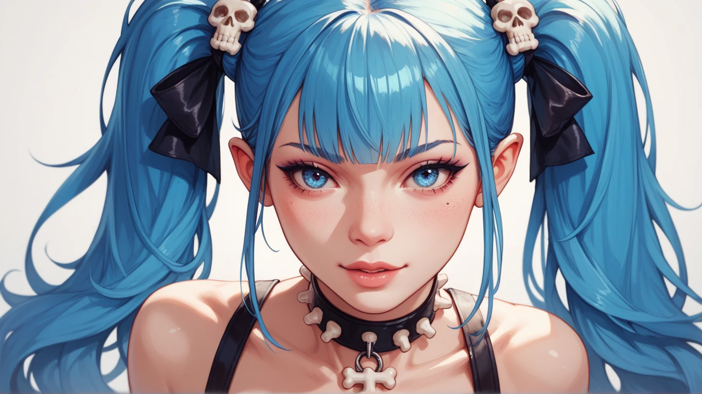 Long Hair, Twin tails, Blue Hair、
Large Breasts, Earrings, blue eyes, tongue, tongueを出す, Heavy makeup, Simple Background, Close-up, Fisheye Shot, Has tattoos、