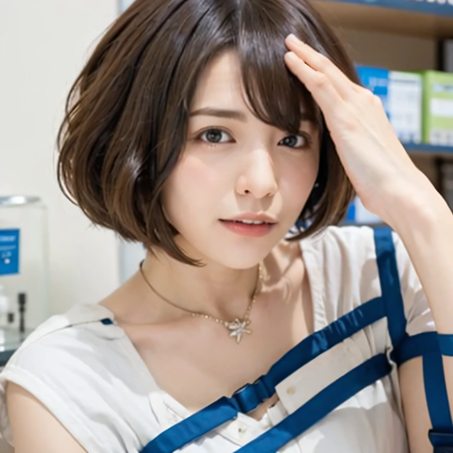 Depict a 20-year-old, stunningly beautiful woman conducting an experiment in a well-equipped science lab. She wears a pristine white lab coat over professional attire, her expression focused as she carefully handles scientific instruments. Whether her hair is long and neatly tied back or short and styled, she maintains a meticulous appearance suited for the lab environment. The background features shelves filled with scientific equipment, adding to the immersive atmosphere of the setting. Blonde hair, bob haircut, dark eyes.